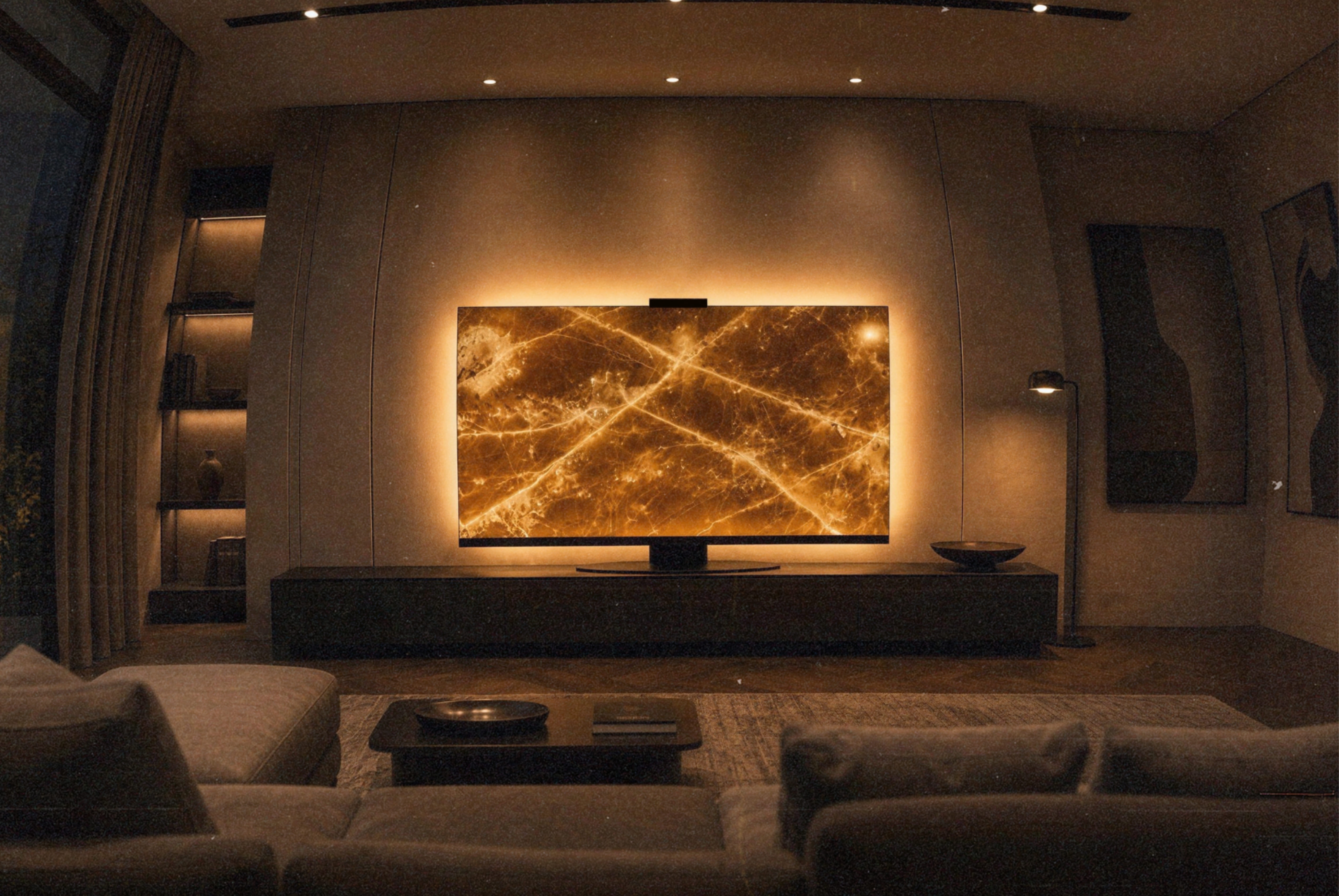 Backlit yellow onyx slab in a luxury modern interior, glowing with warm amber tones and soft evening lighting.