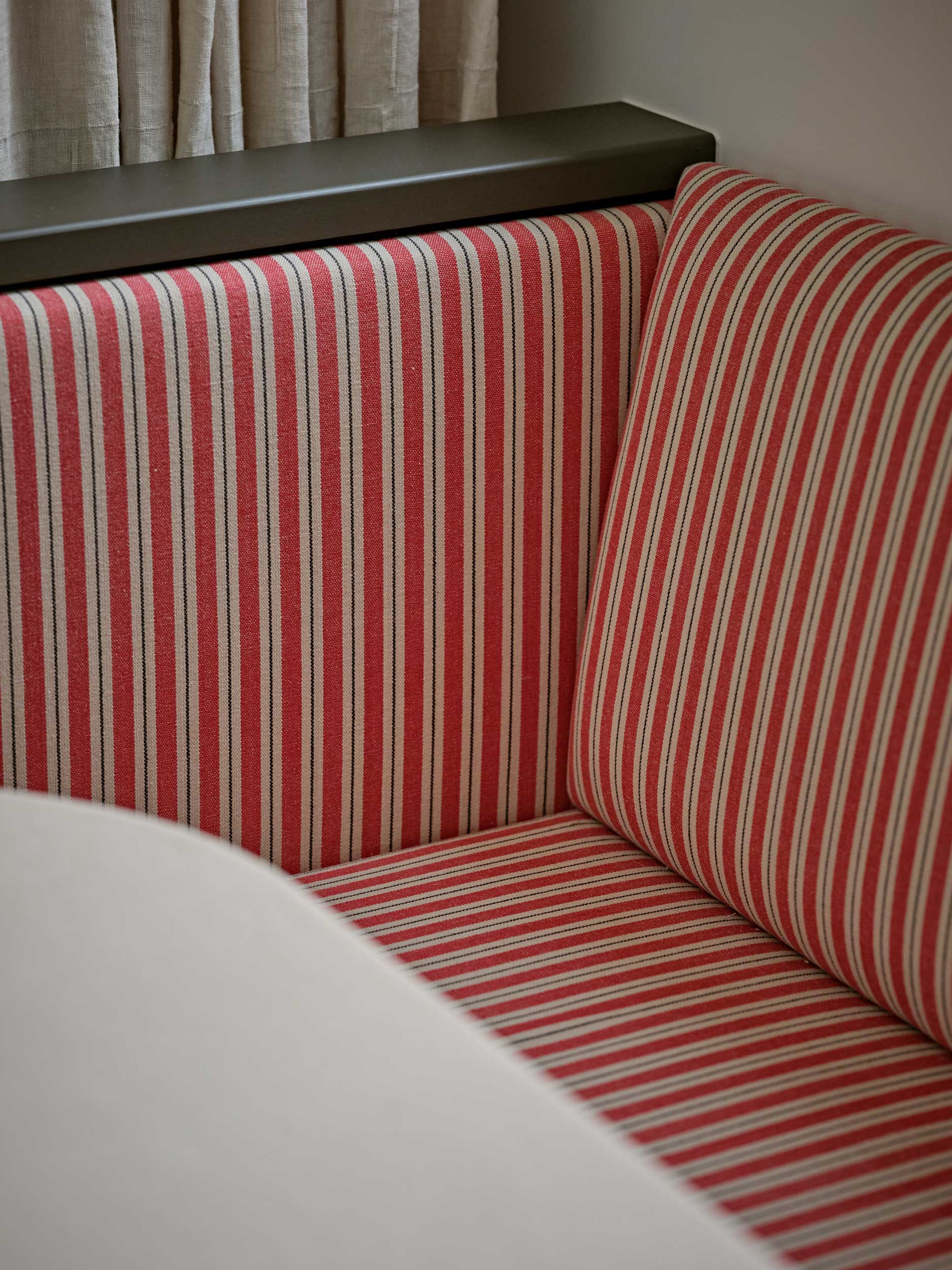 Kitchen dining banquette in ticking stripe bespoke made by Origins Design