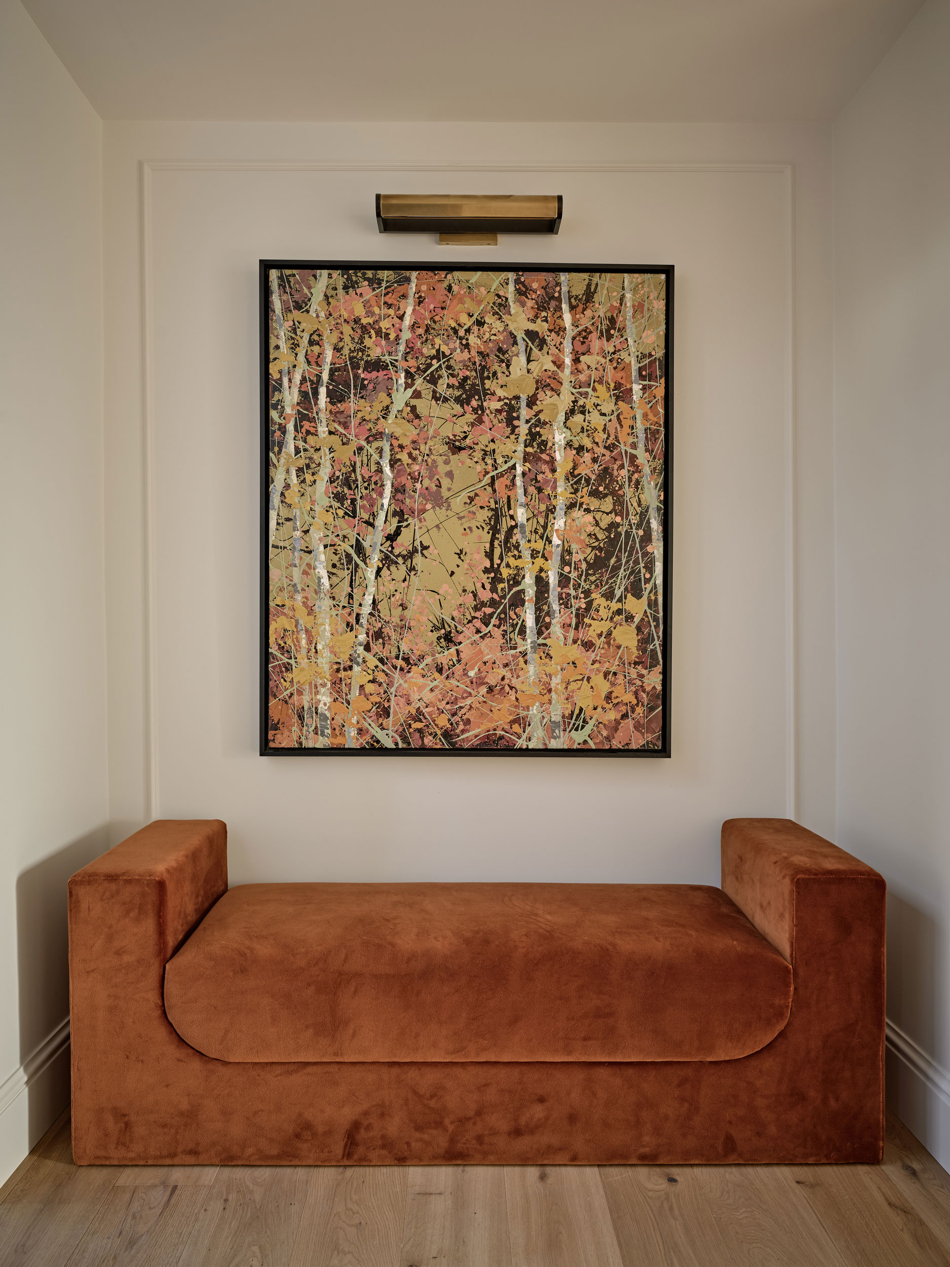 Bespoke orange velvet hallway bench made by Origins Design