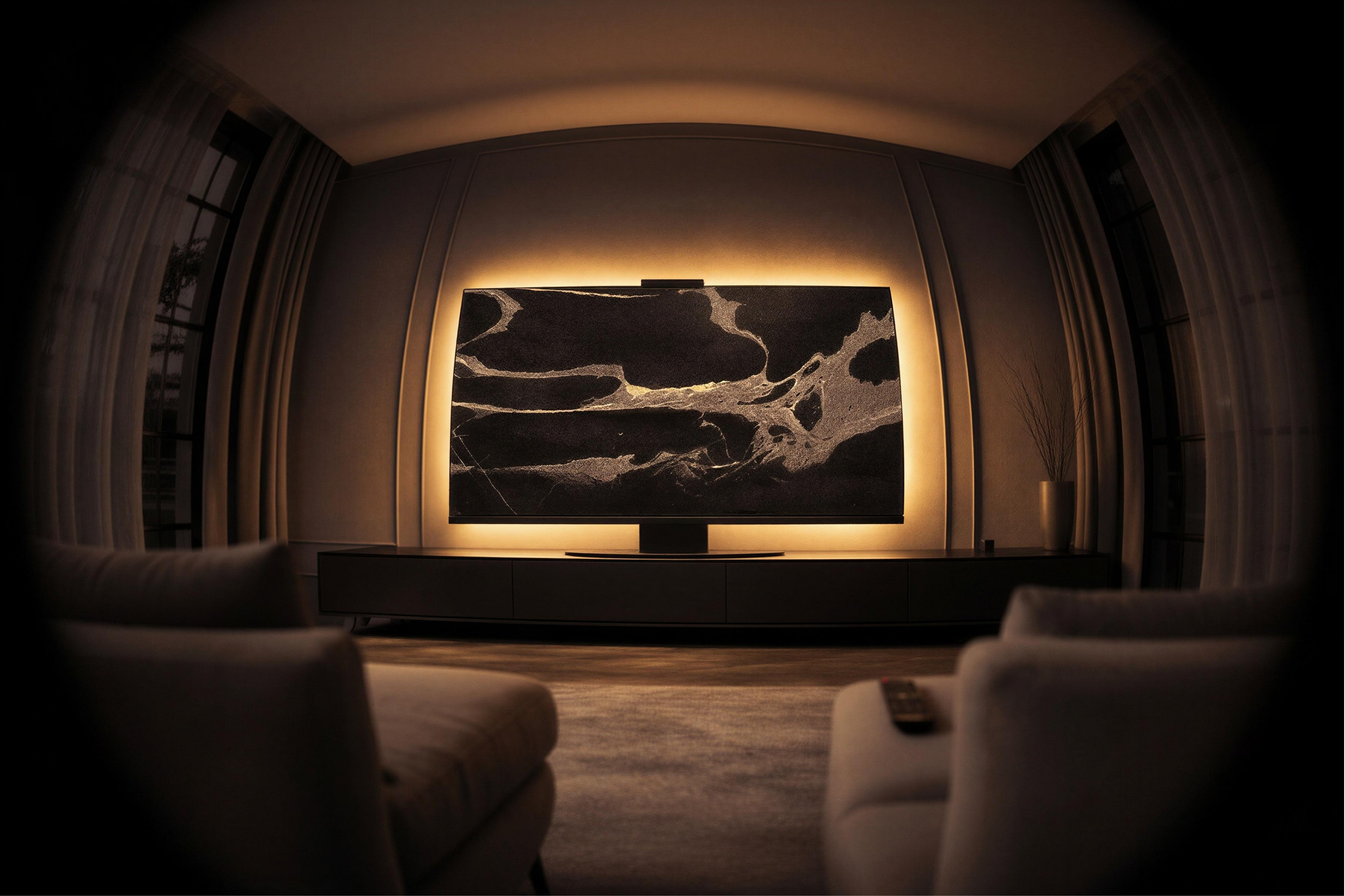Black Python marble Halo Screen with warm halo backlight in a modern living room on a matte-black console