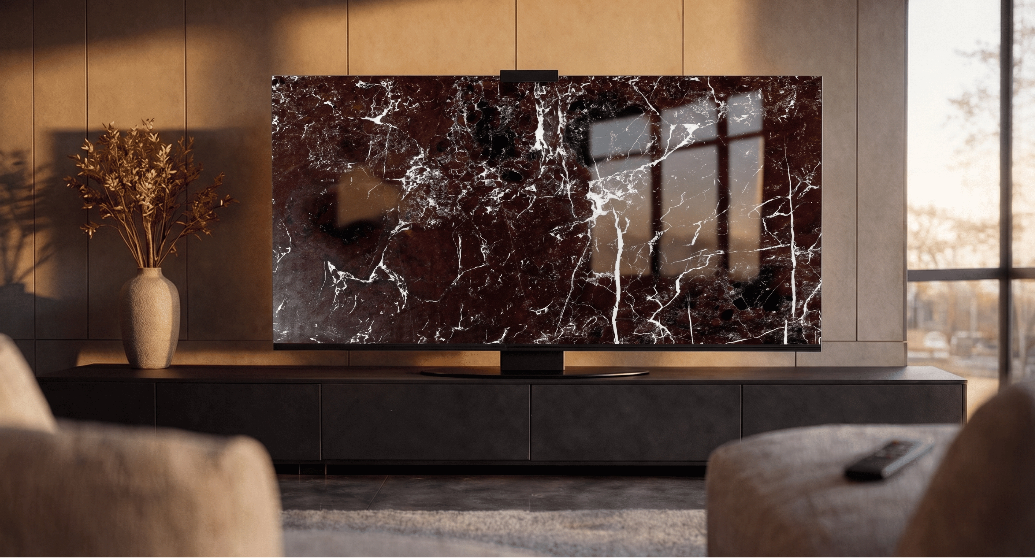 Halo Screen in Rosso Levanto marble shown in warm daylight with polished burgundy stone surface in a luxury living room