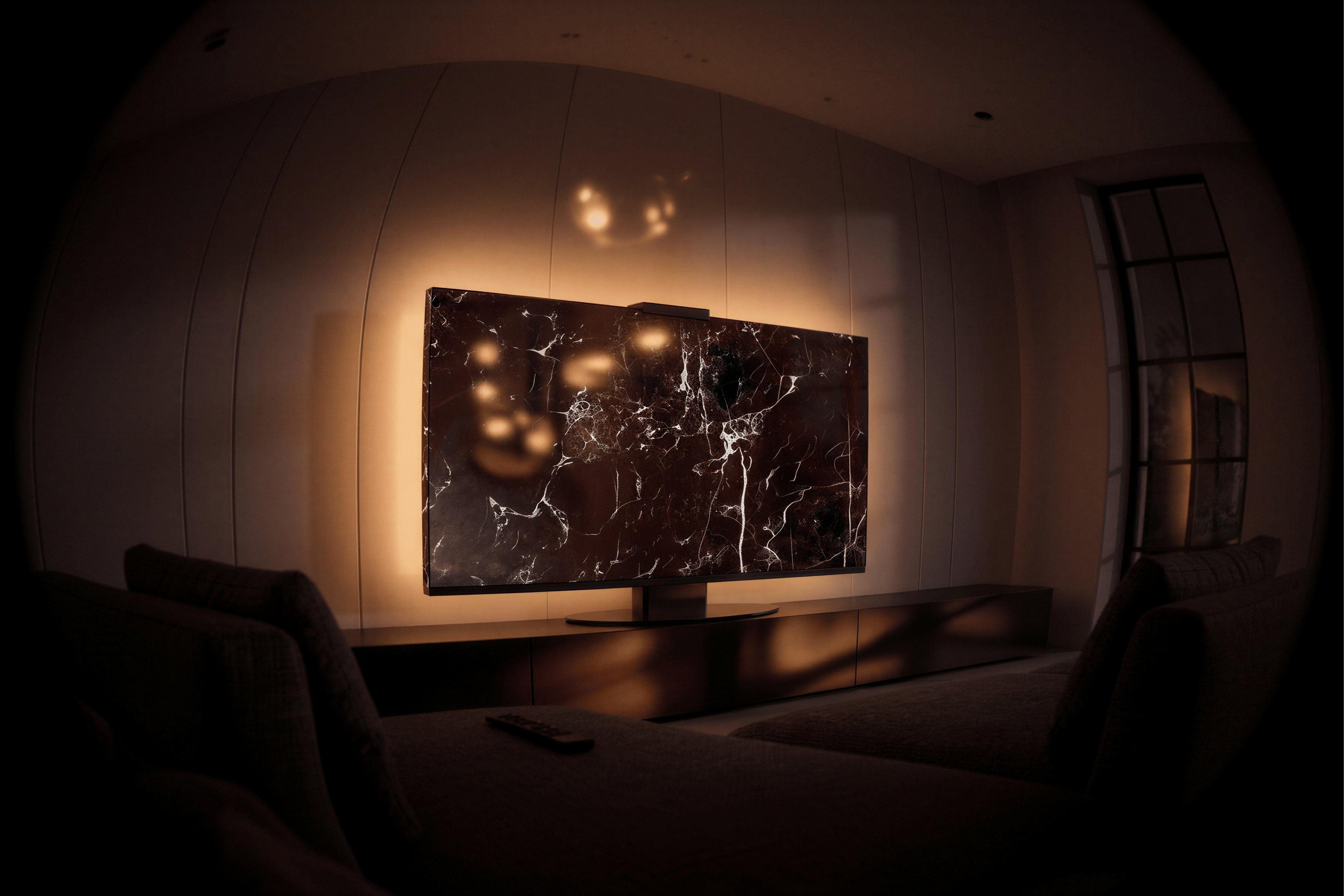 Rosso Levanto marble Halo Screen with warm concealed halo light and soft evening reflections in a luxury interior