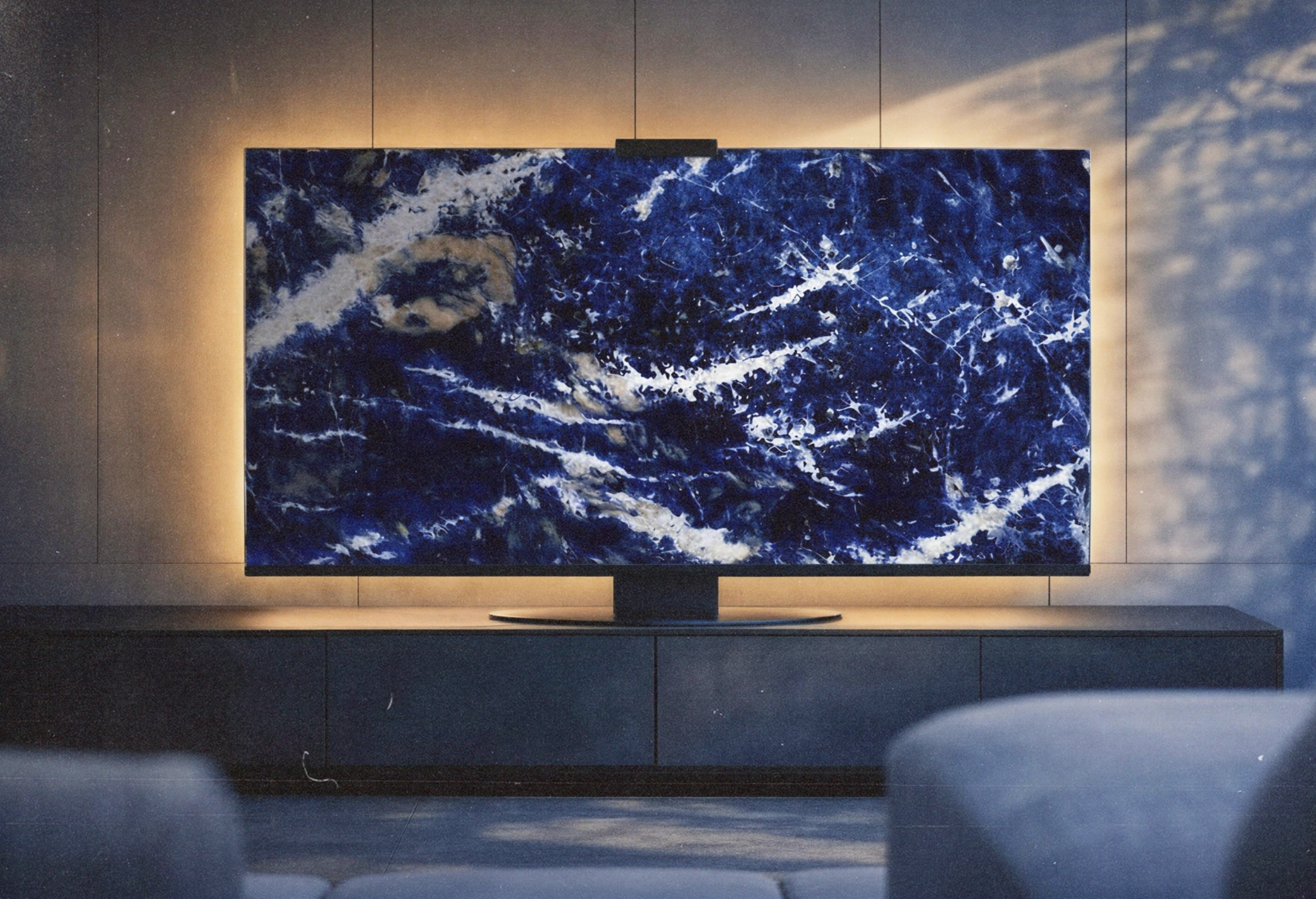 Sodalite Blue gemstone Halo Screen with deep blue mineral pattern and warm halo light in a luxury interior