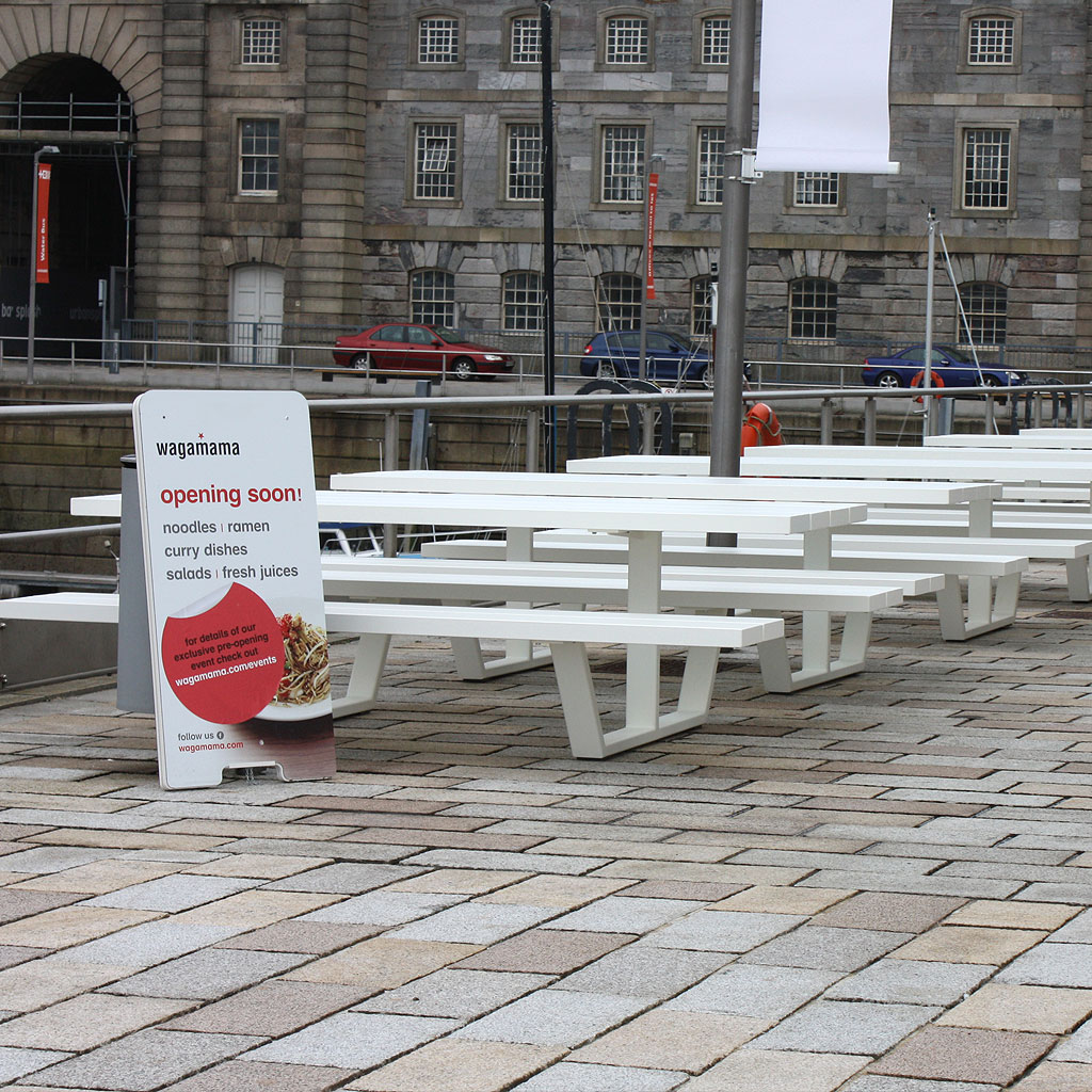 Image of Cassecroute modern picnic tables in the Wagamama restaurant in Plymouth's historic dockyard