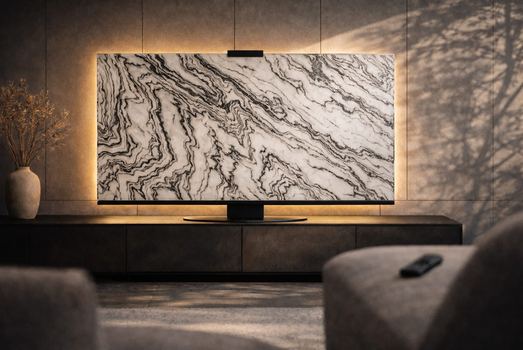 Fantastico marble Halo Screen in a modern living room with warm halo backlight and expressive black linear veining.