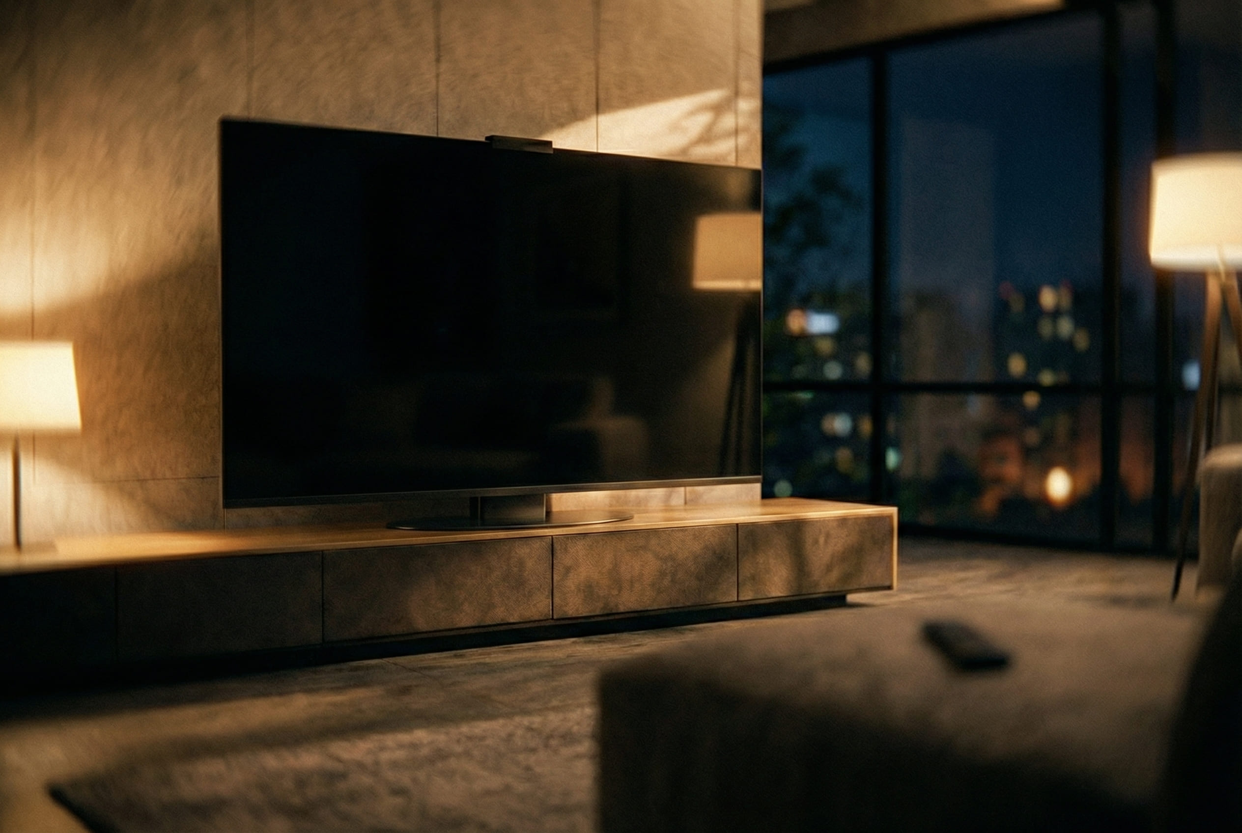 Nero Assoluto stone Halo Screen with reflective polished surface in a dark modern living room at night