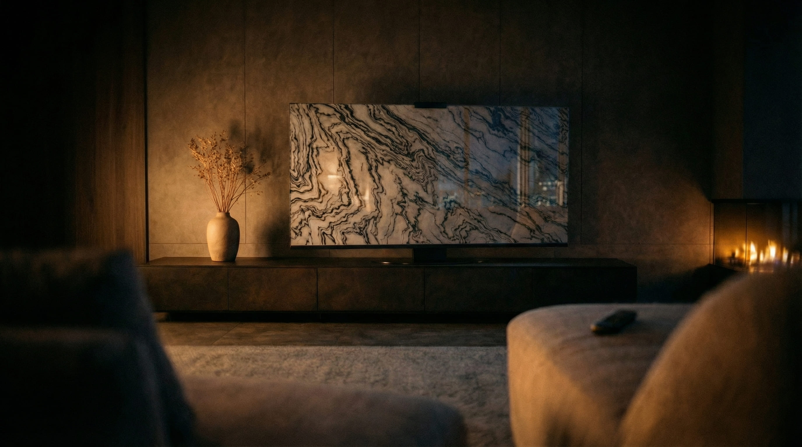 Halo Screen in Arabescato Fantastico marble with warm halo backlight in a dark modern living room with fireplace