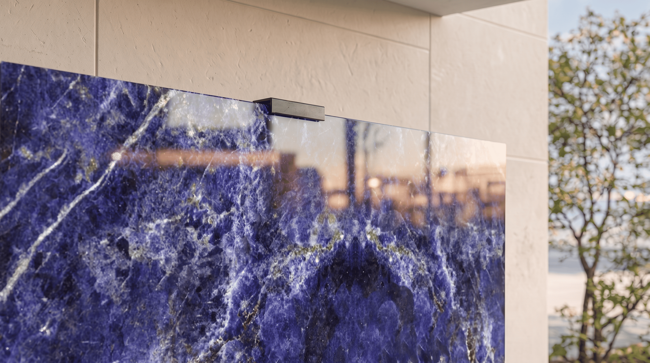 Close-up of Sodalite Blue gemstone Halo Screen with polished blue mineral surface and matte-black top clamp in daylight