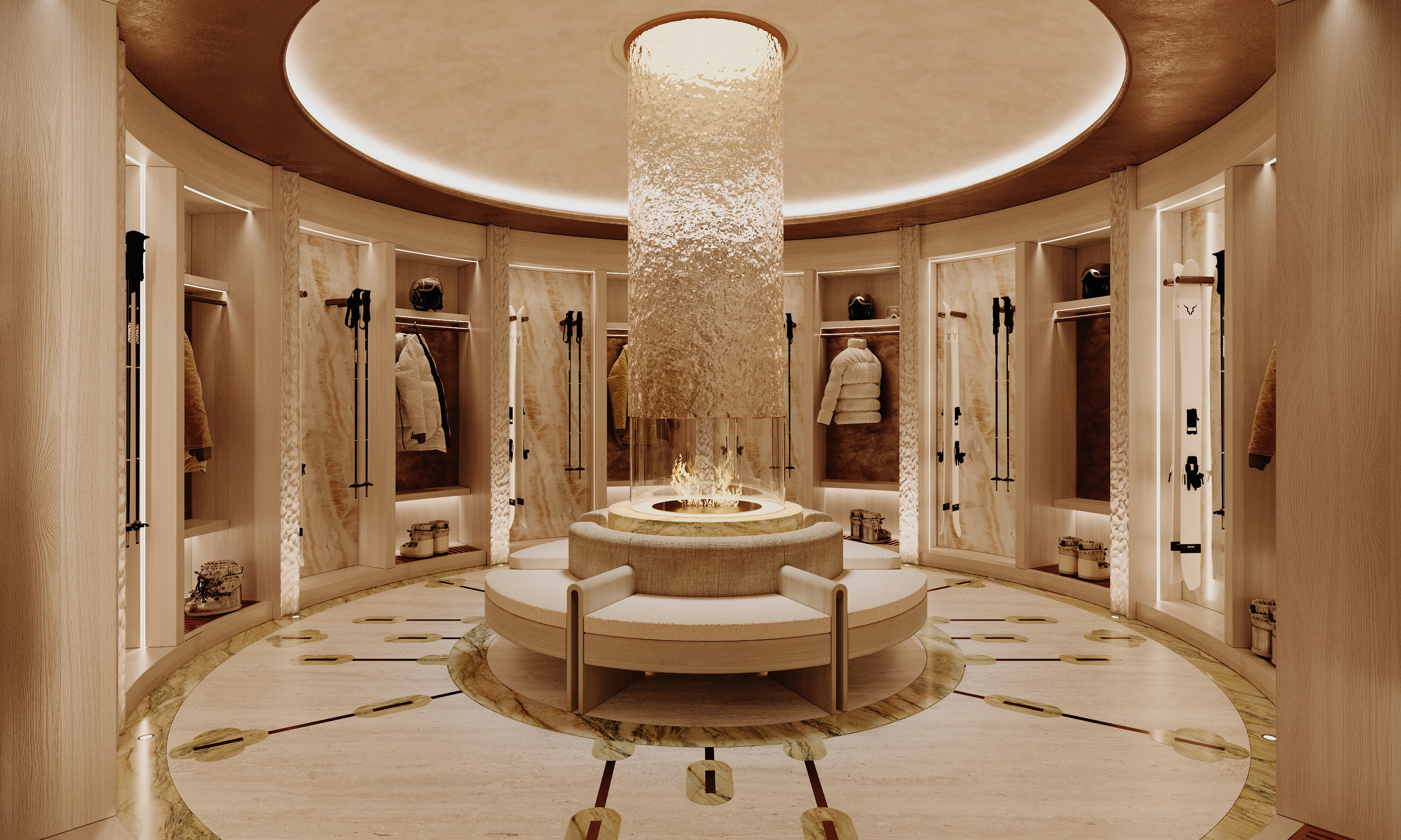 Circular boot room with illuminated storage, central upholstered seating and a cascading chandelier, by Designed by Woulfe.