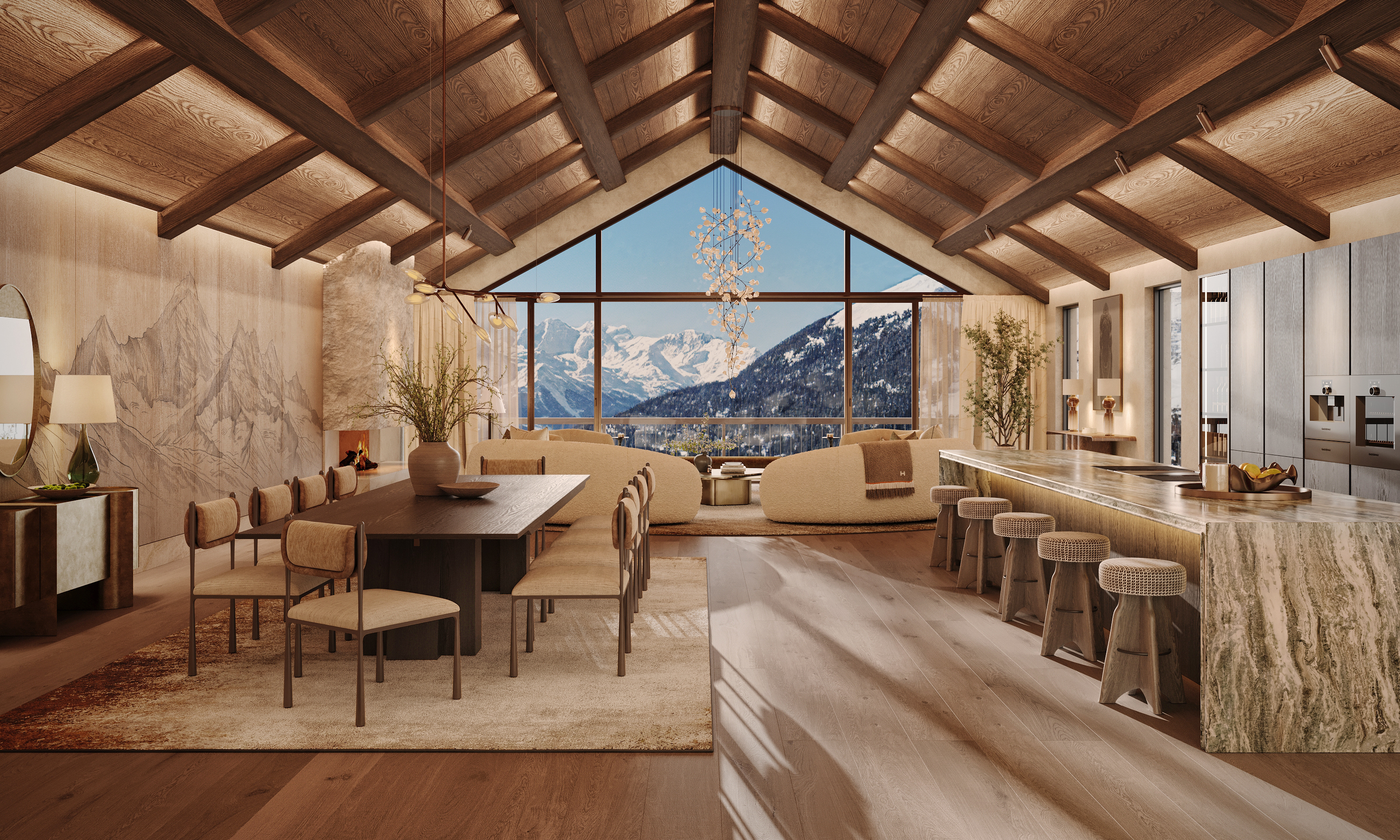 Open-plan chalet living and dining area with exposed timber beams, a stone kitchen island and mountain views through full-height glazing.
