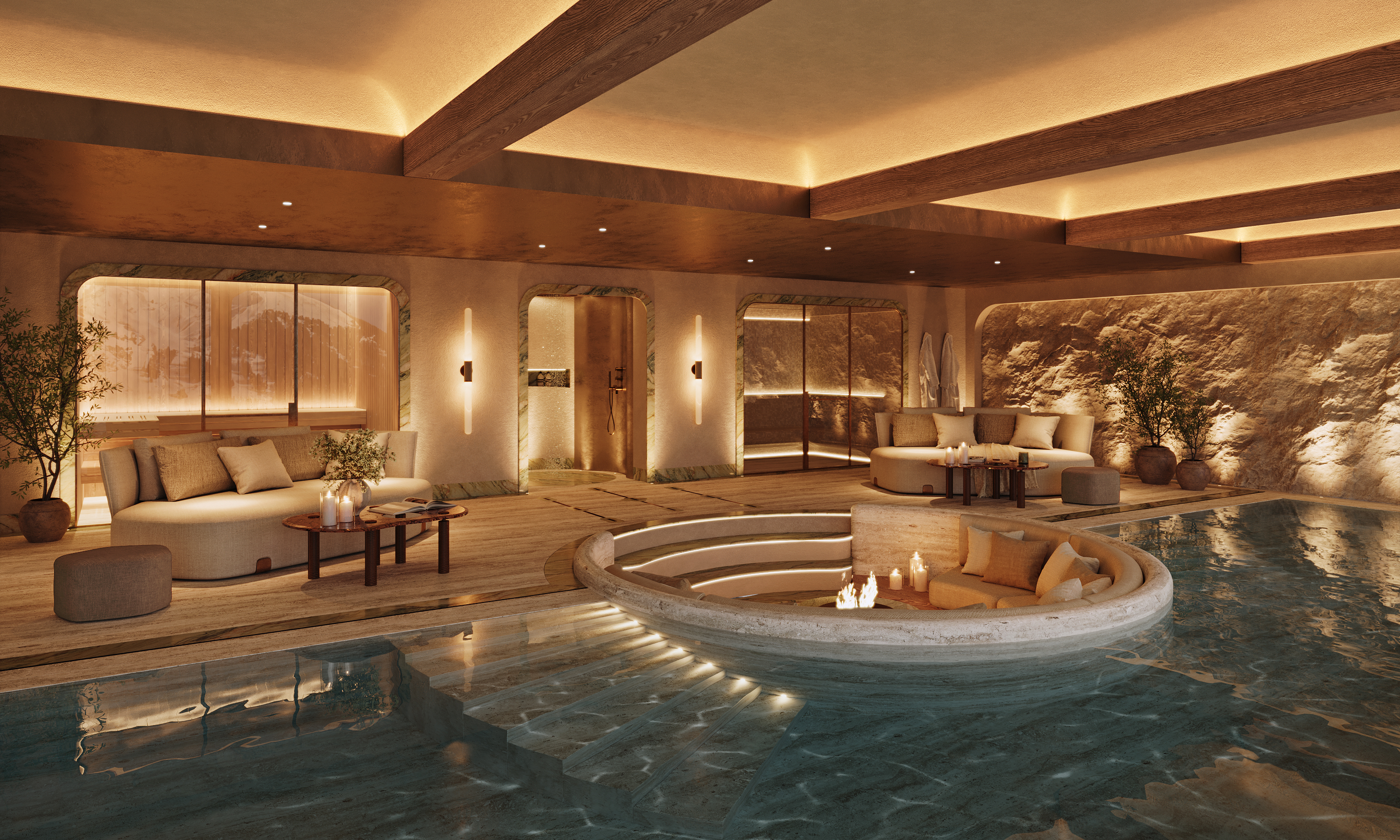 Indoor swimming pool surrounding a circular fireside lounge, with textured stone walls, timber ceiling beams and softly lit relaxation areas.