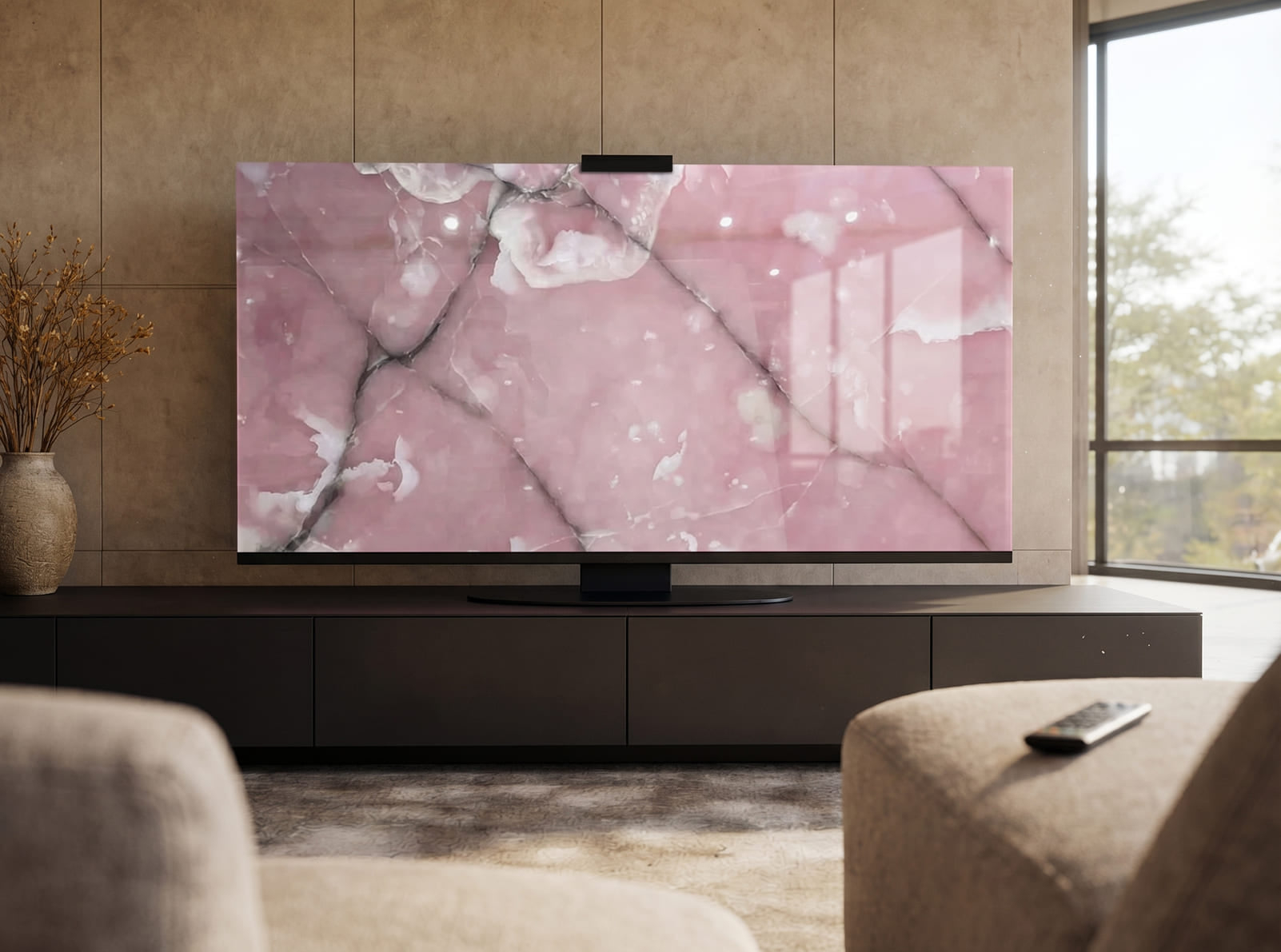 Pink Onyx Halo Screen in a modern living room with warm halo backlight, soft blush translucency, and cloud-like mineral movement.