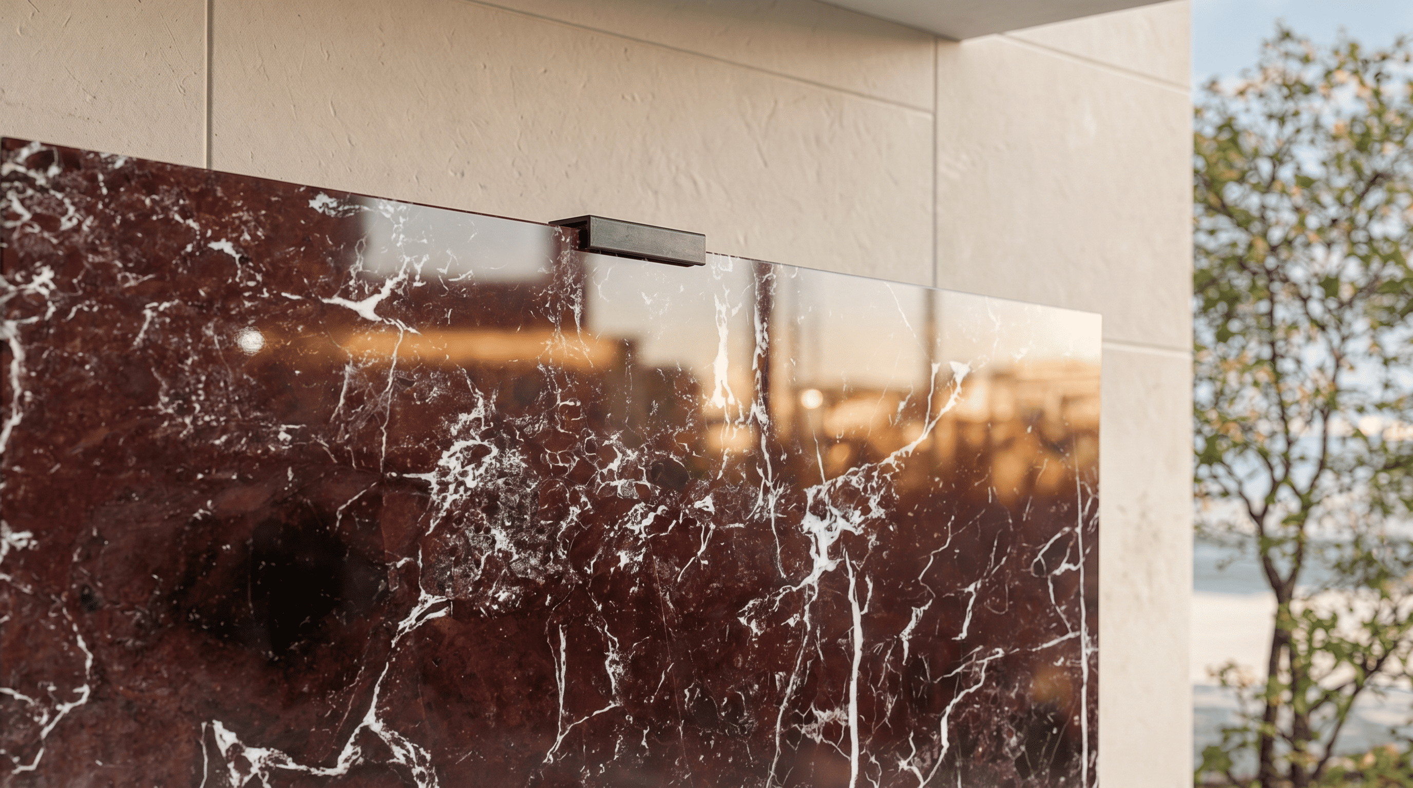 Close-up of Rosso Levanto marble Halo Screen with polished burgundy stone surface and matte-black top clamp in daylight
