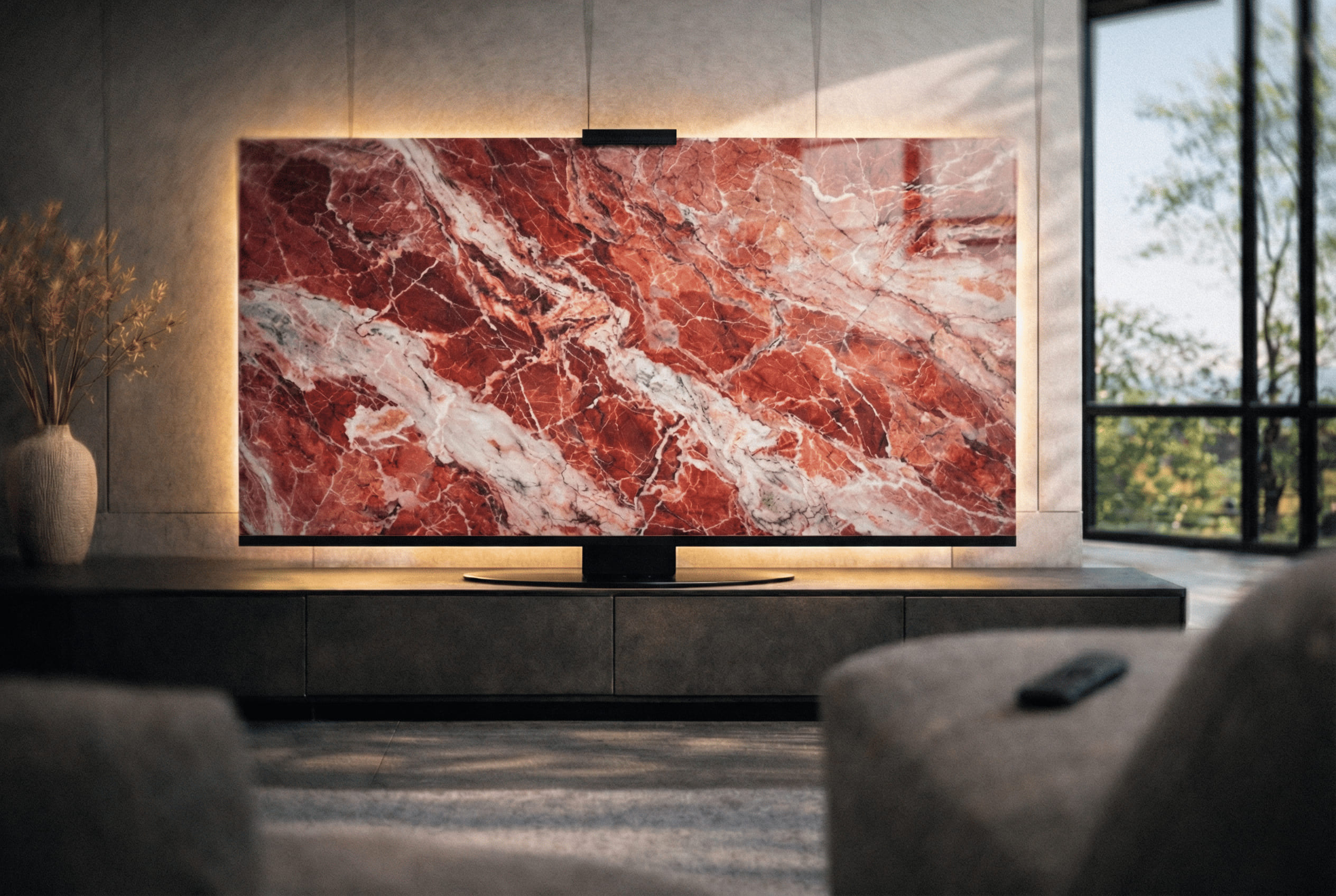 Rouge des Carpates marble Halo Screen in a modern living room with warm halo backlight, showing dramatic red veining and sculptural stone presence.