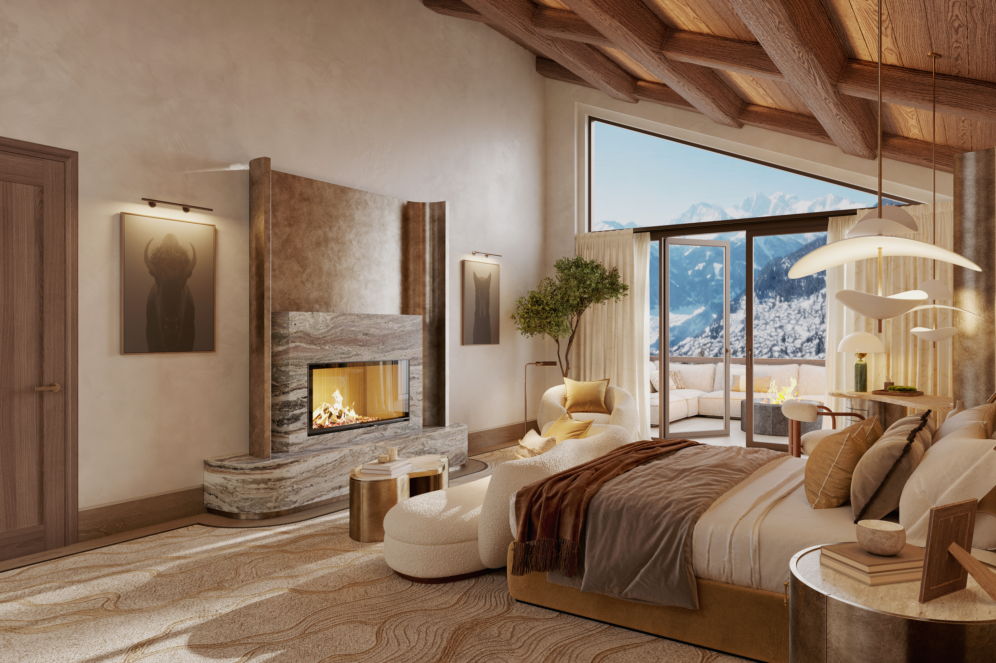 Warm-toned chalet bedroom with a stone fireplace, exposed timber ceiling and floor-to-ceiling windows framing an alpine view.