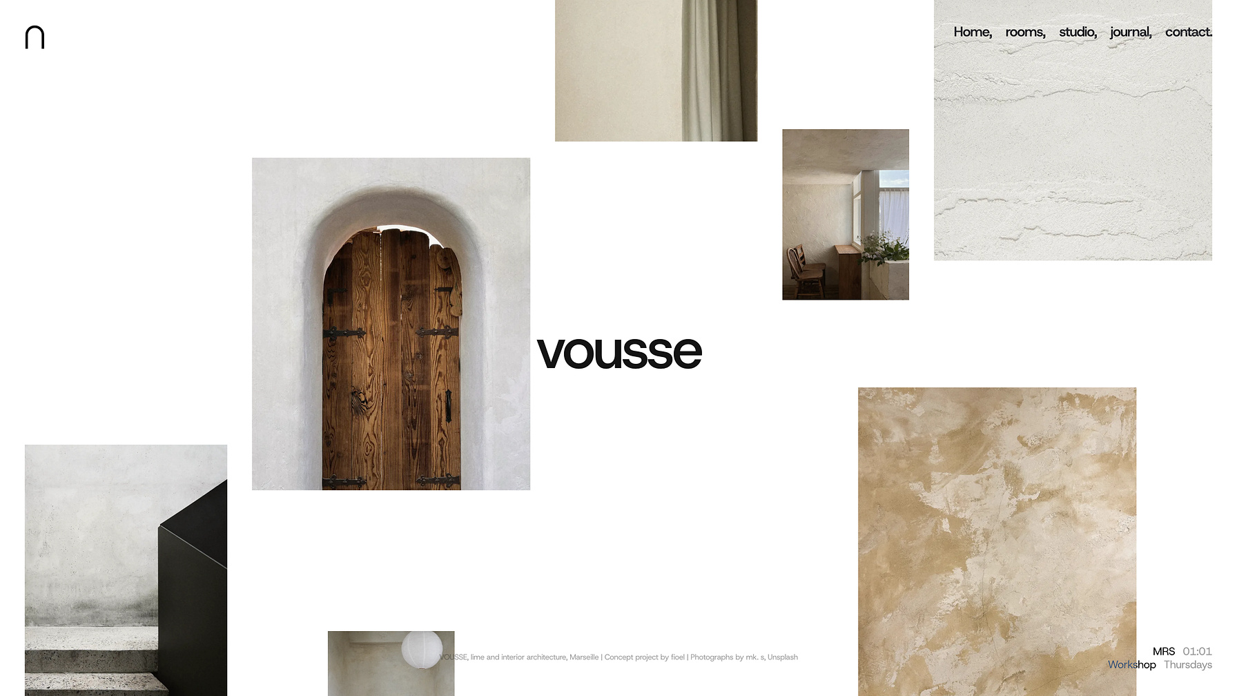 Home page of the VOUSSE website: the studio's name among scattered photos of an arched wooden door, lime plaster and stone