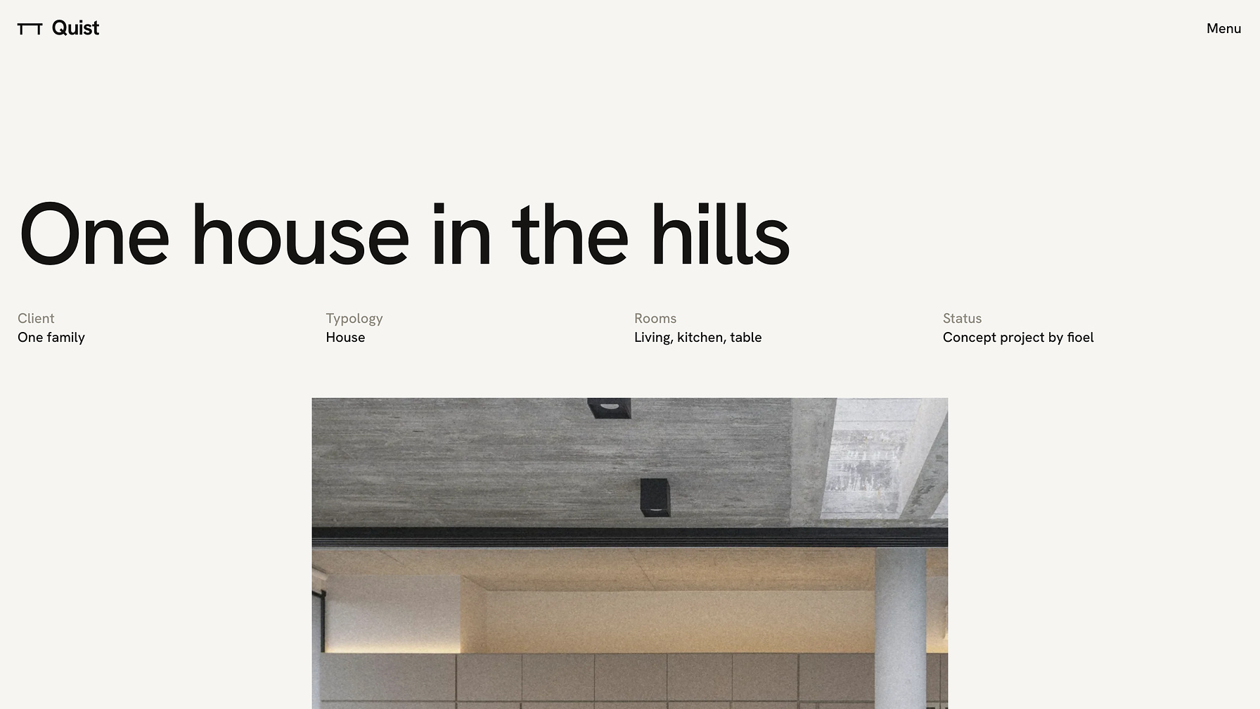 The house page of the Quist website: One house in the hills, with the client, type and rooms above the first photo