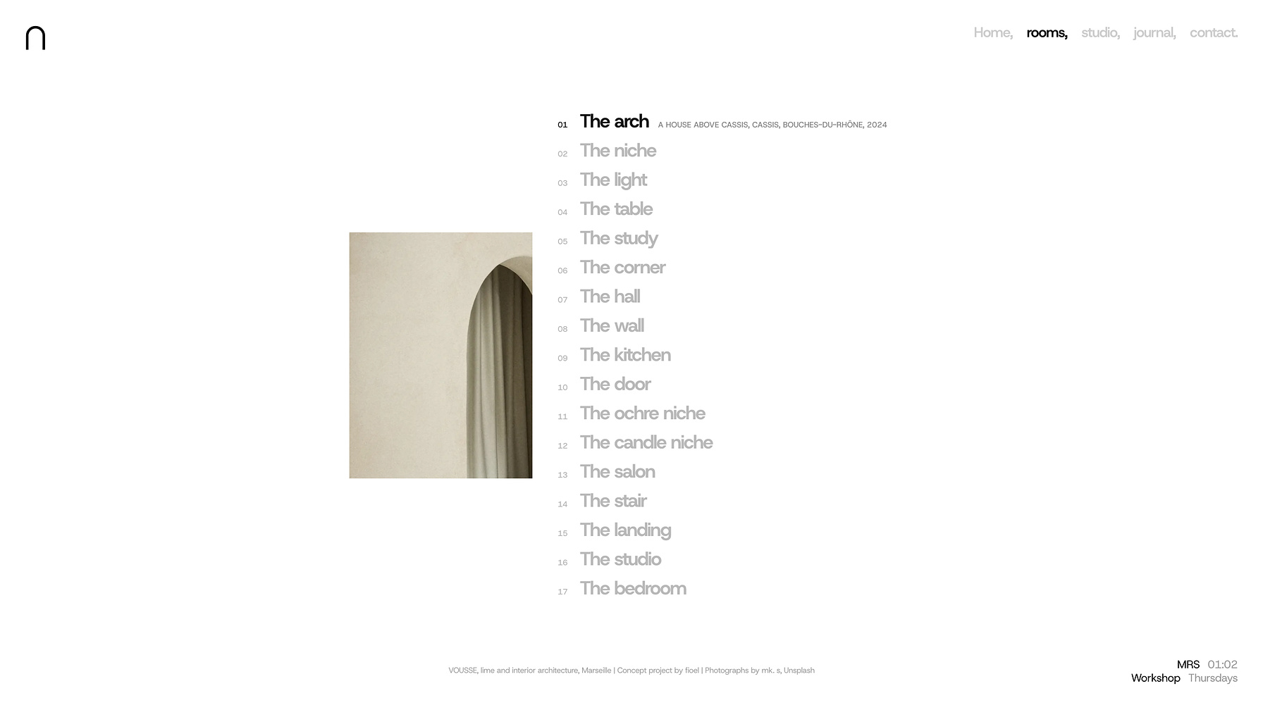 The rooms page of the VOUSSE website: a list of seventeen rooms, from the arch to the bedroom, with a photo of the room in view