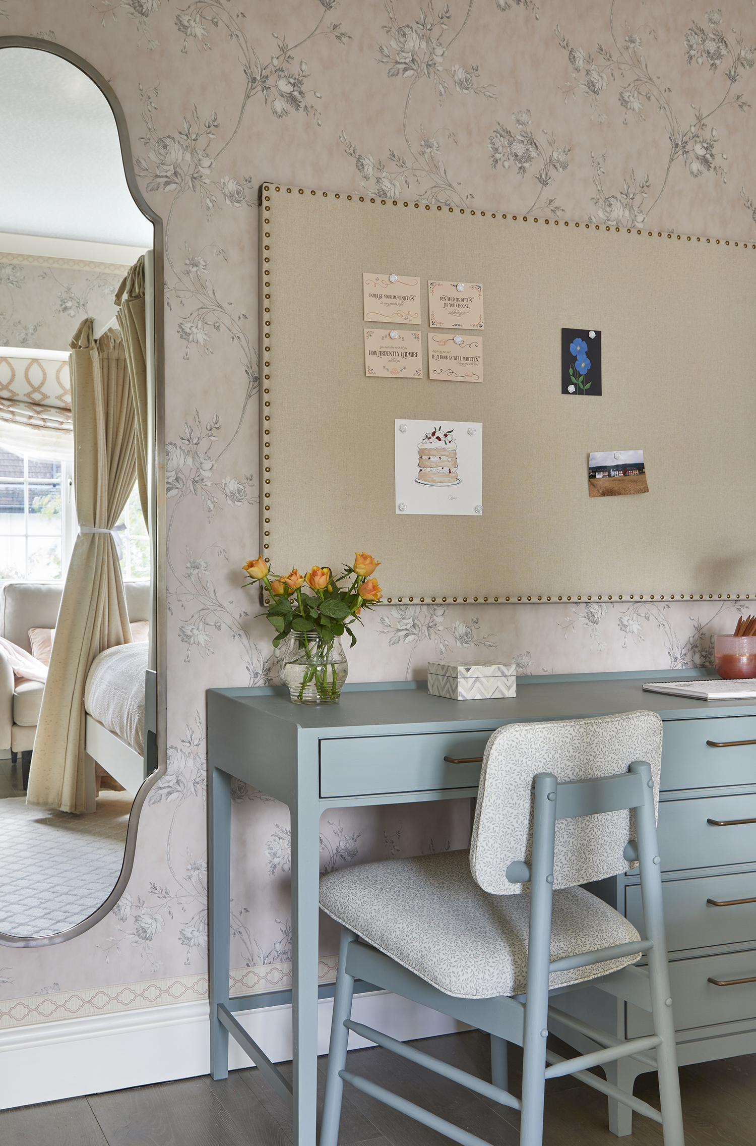 Blue Double Desk and Pin Board