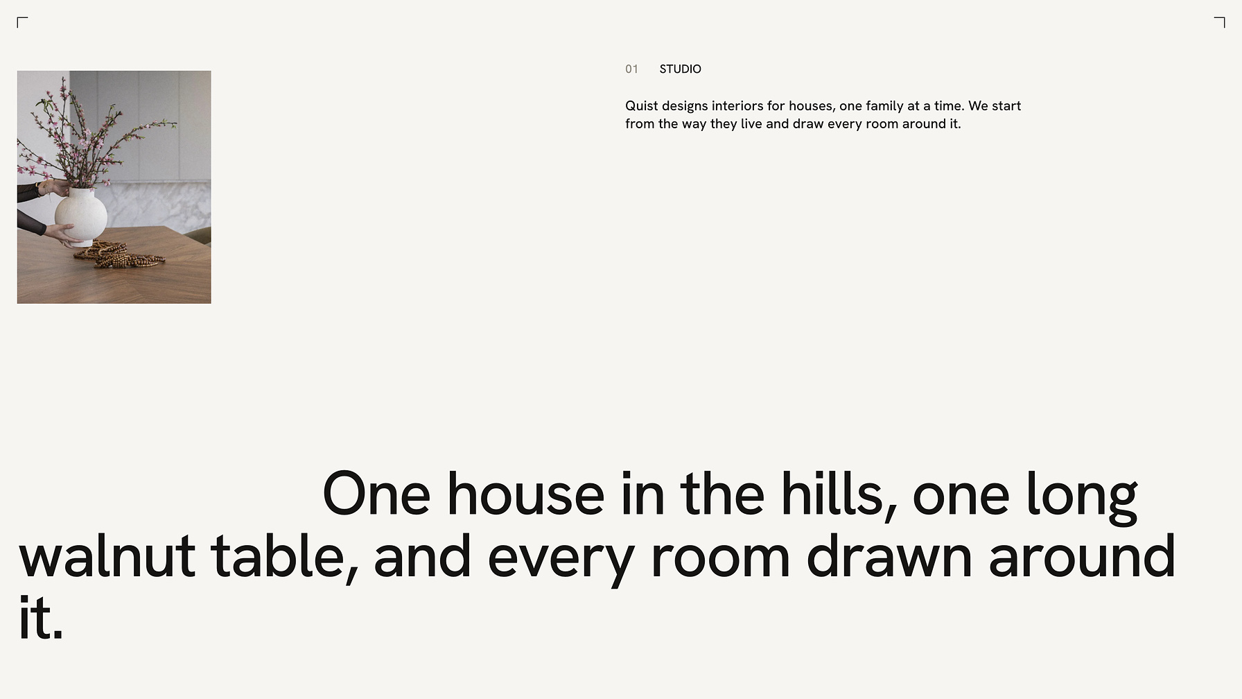 The studio part of the Quist website: one house in the hills, one long walnut table, and every room drawn around it