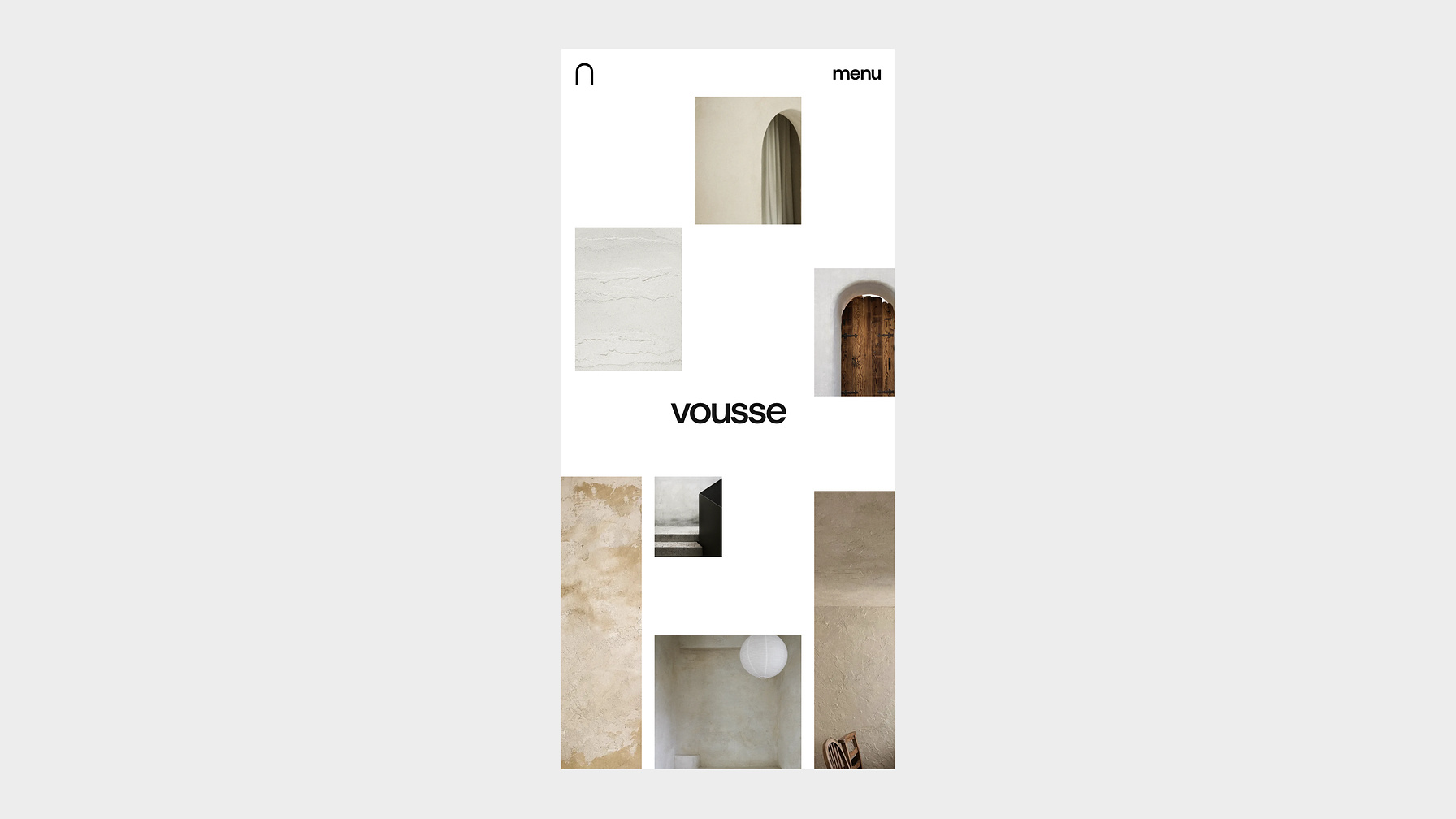 The VOUSSE website on a phone: the studio's name among small photos of plaster, stone and an arched door