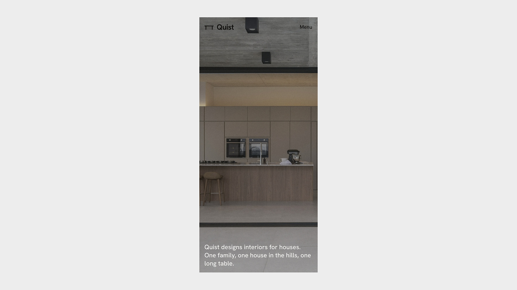 The Quist website on a phone, opening on the kitchen of a house in the hills