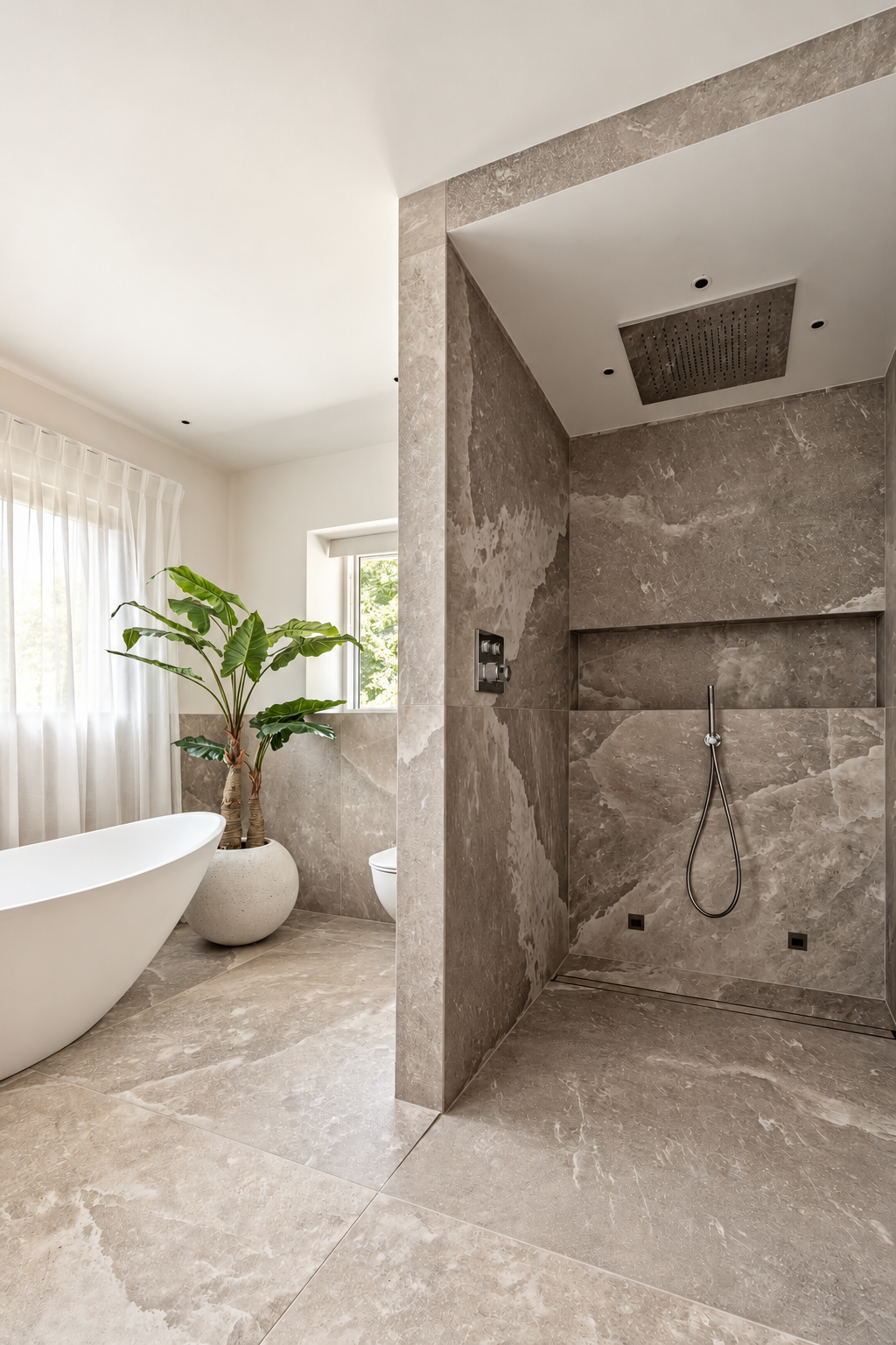 Walk-in shower with veined tiles and chrome fittings beside a white freestanding bath at Hillcrest House, Macclesfield.