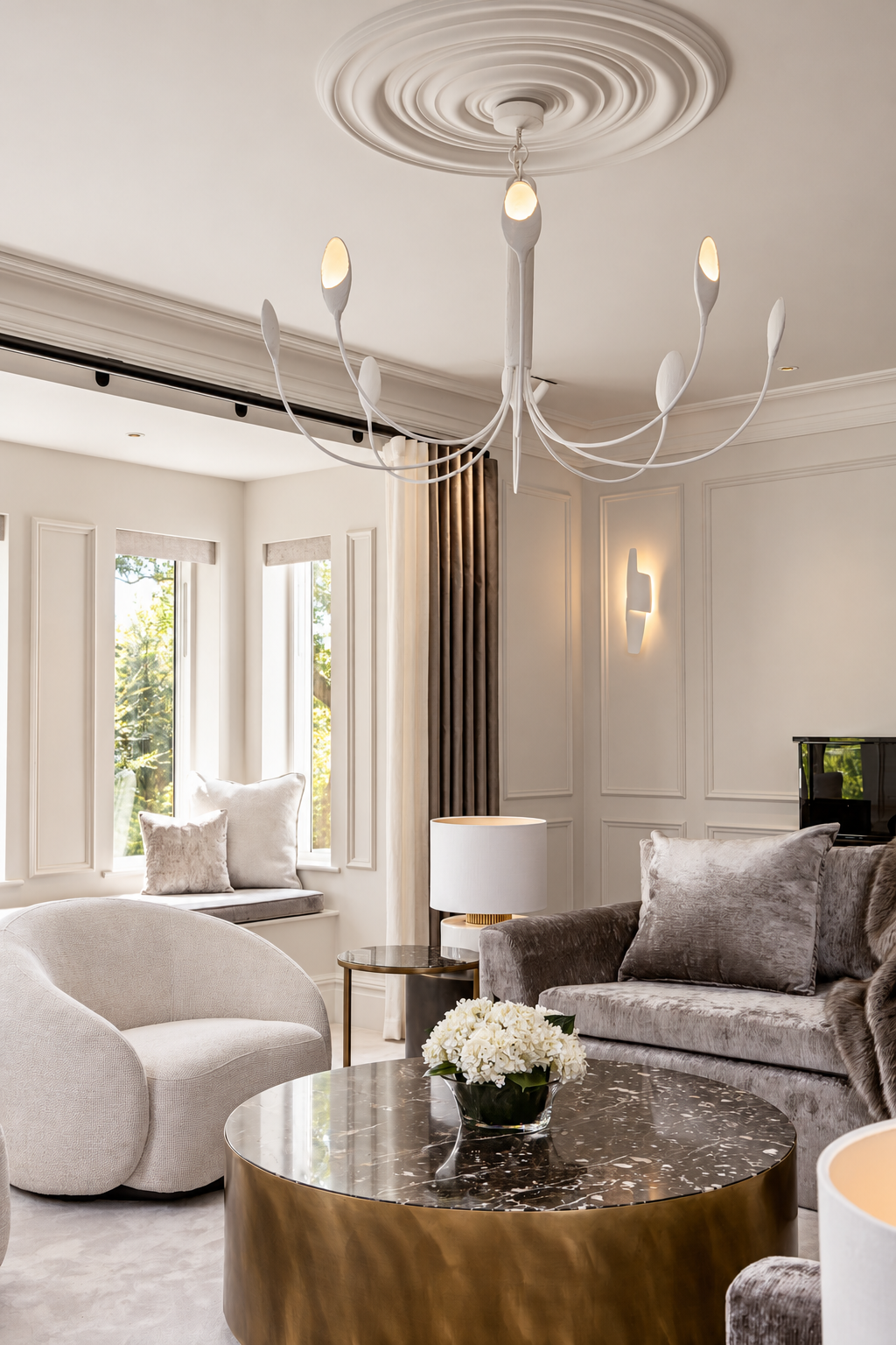 White sculptural chandelier above a grey sofa, cream chair and marble-top coffee table in the Hillcrest House living room.