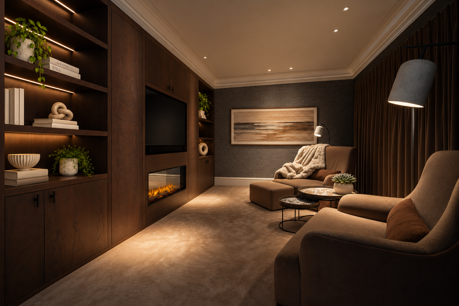 Taupe armchairs and tray tables facing dark media cabinetry and a glowing fire in the softly lit Hillcrest House snug.
