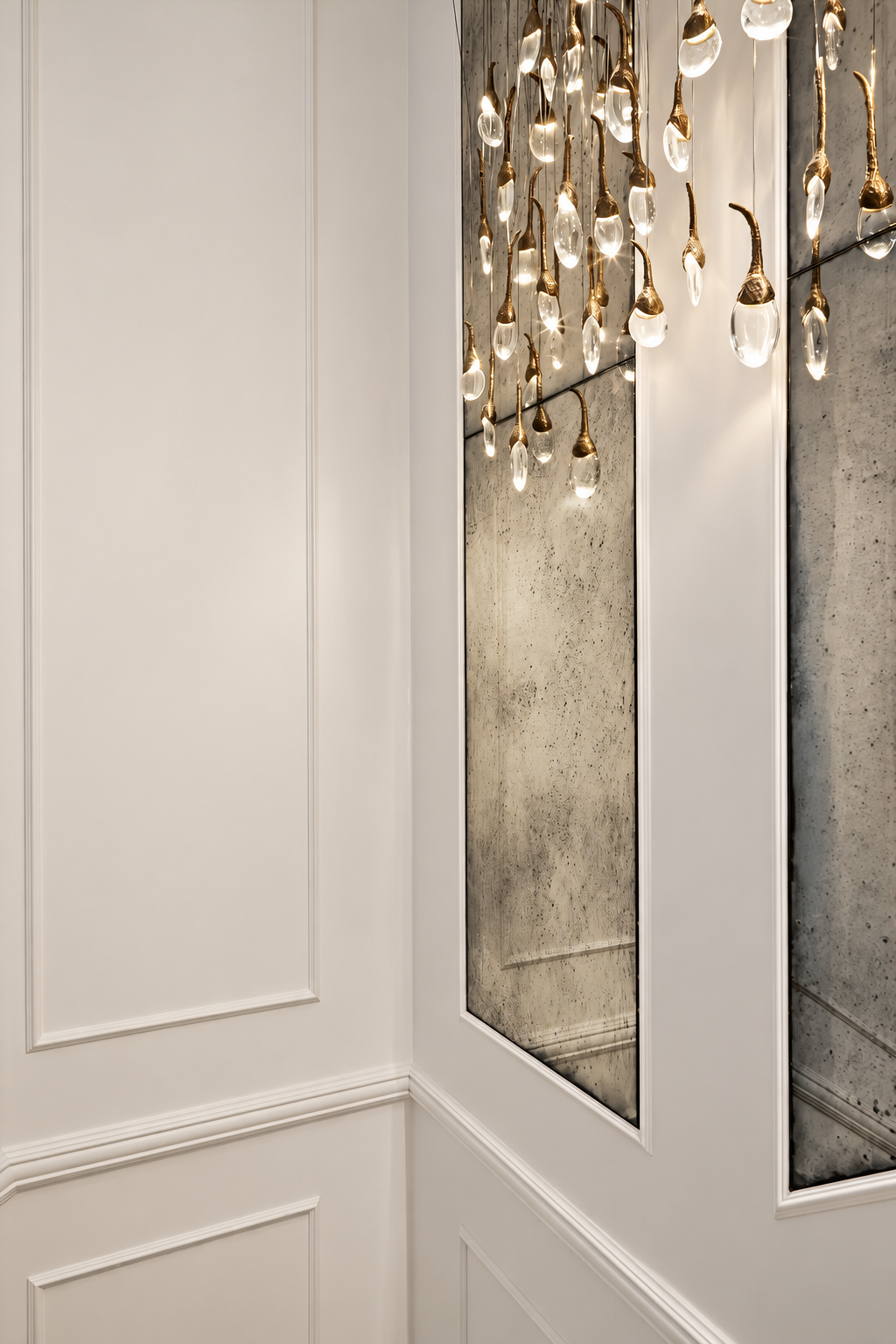 Close-up of bronze chandelier fittings reflected in foxed mirror panels.