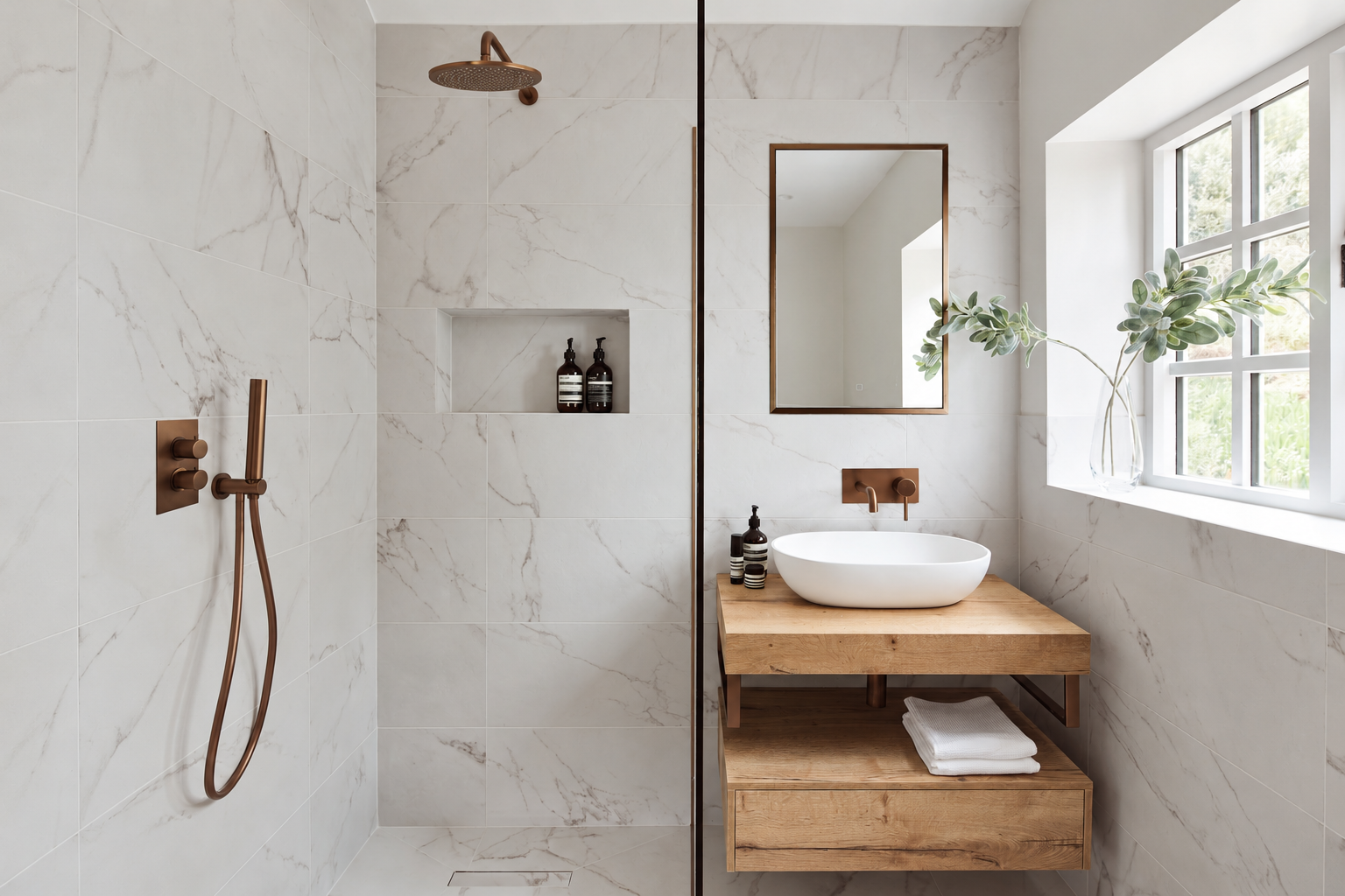 Glass-screened shower and timber floating vanity with a white basin, bronze-toned fittings and veined tiles. At Ivy Cottage, Macclesfield.