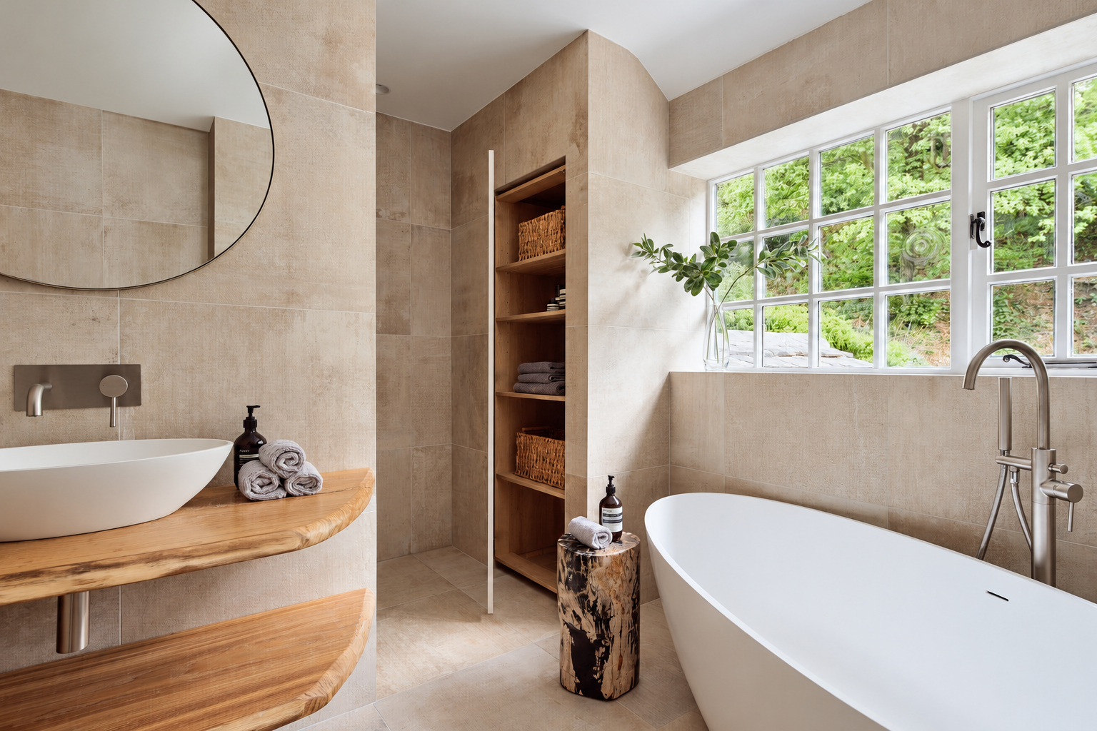 Freestanding bath and white basin on a live-edge timber vanity, with stone-effect tiles and a large window. At Ivy Cottage, Macclesfield.
