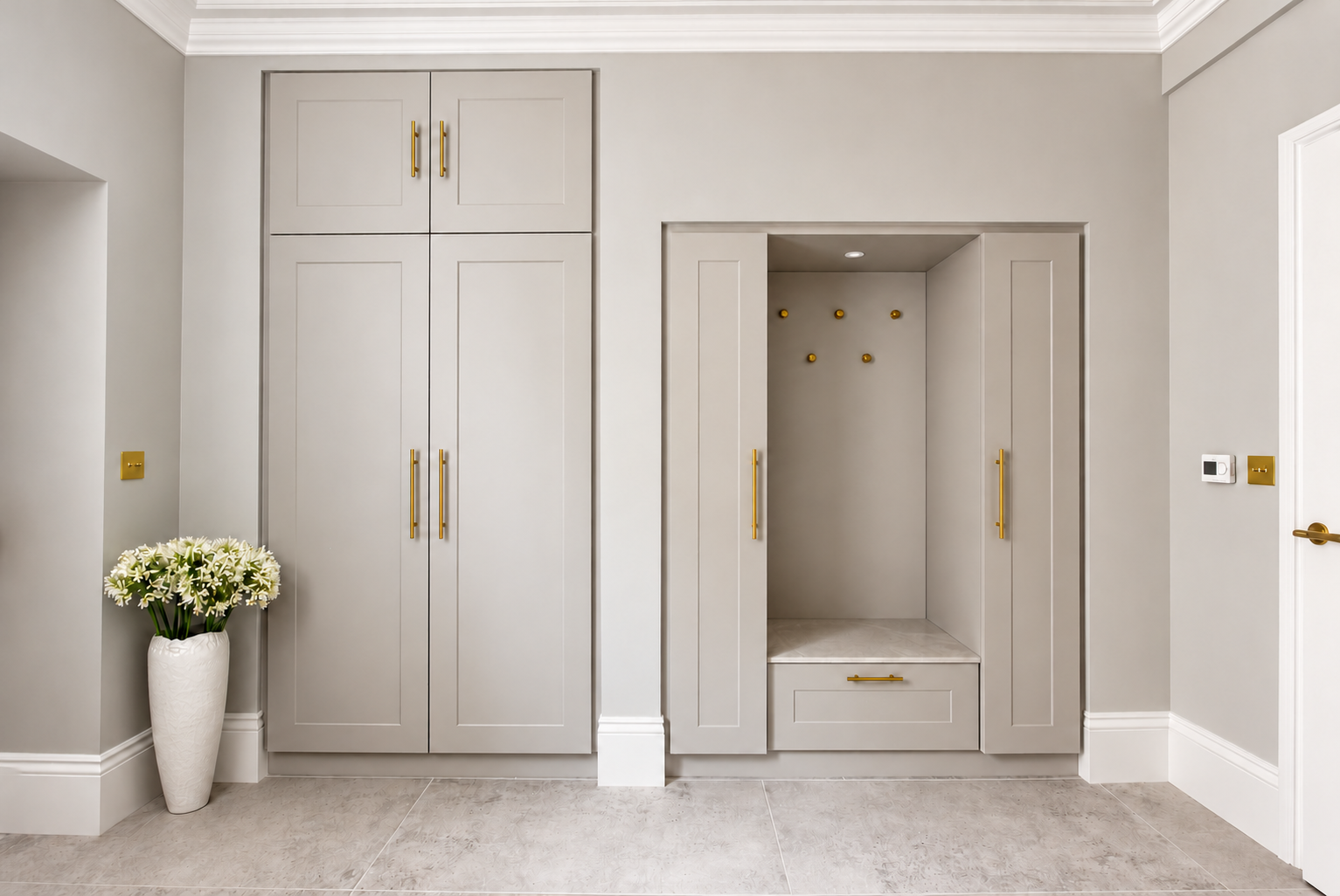 an elegant built in boot room storage