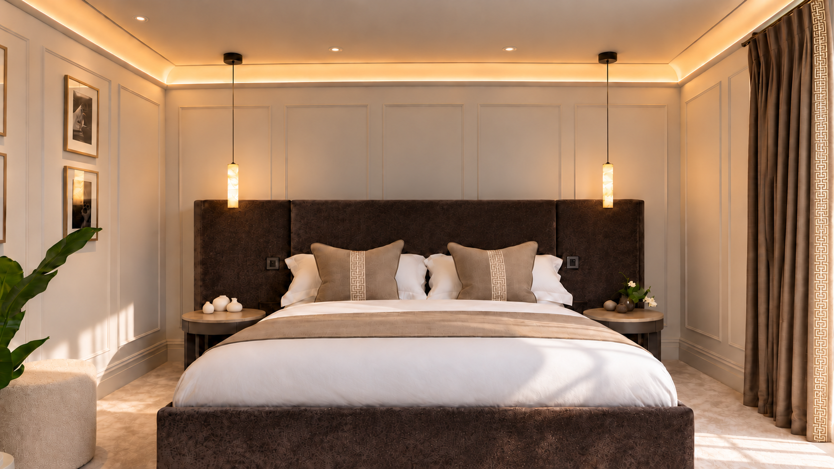Principal bedroom in daylight with a dark upholstered bed, cream wall panelling and neutral bedding.