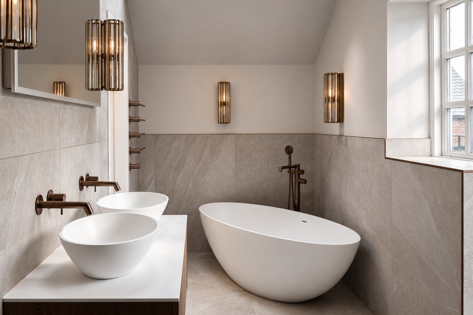 Twin white vessel basins, a freestanding bath and bronze taps in the en-suite at The Vault, Alderley Edge.