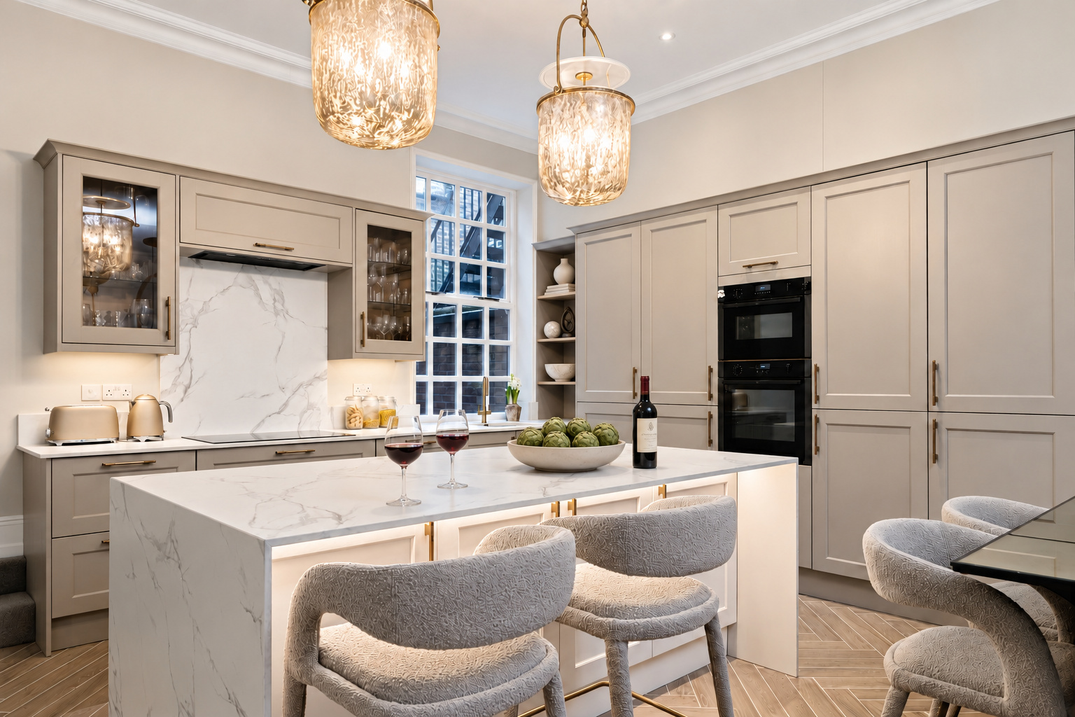 Veined kitchen island with upholstered stools, glass pendants and grey cabinetry at The Vault, Alderley Edge.