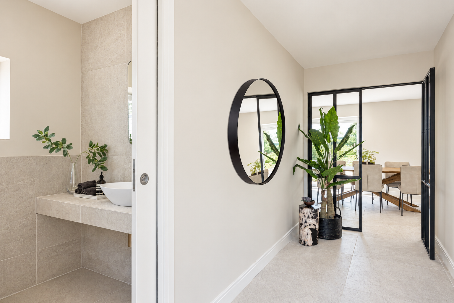 Entrance hall with a round black mirror, glazed doors and a view into the dining area at The Willows, Prestbury.