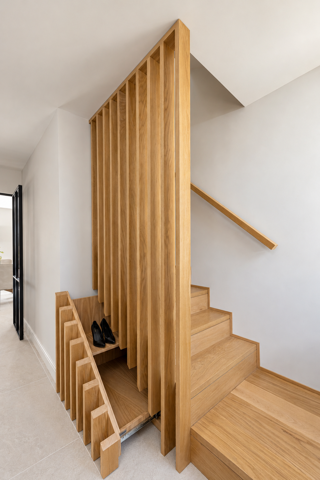 Side view of the oak staircase with an open pull-out storage unit beneath the steps at The Willows, Prestbury.