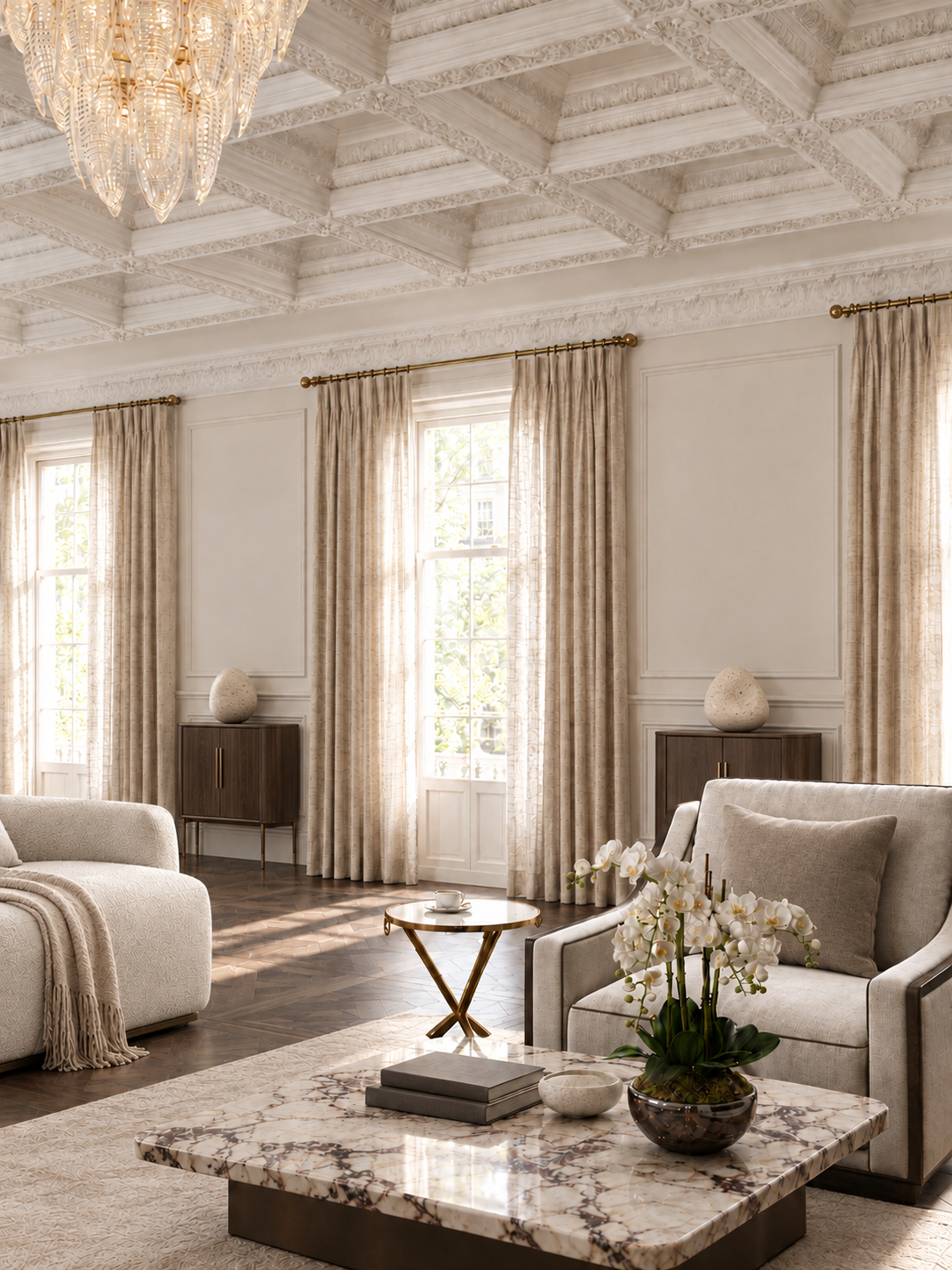 GBG Visualisation nr 2of a grand living room at Cadogan Square residence
