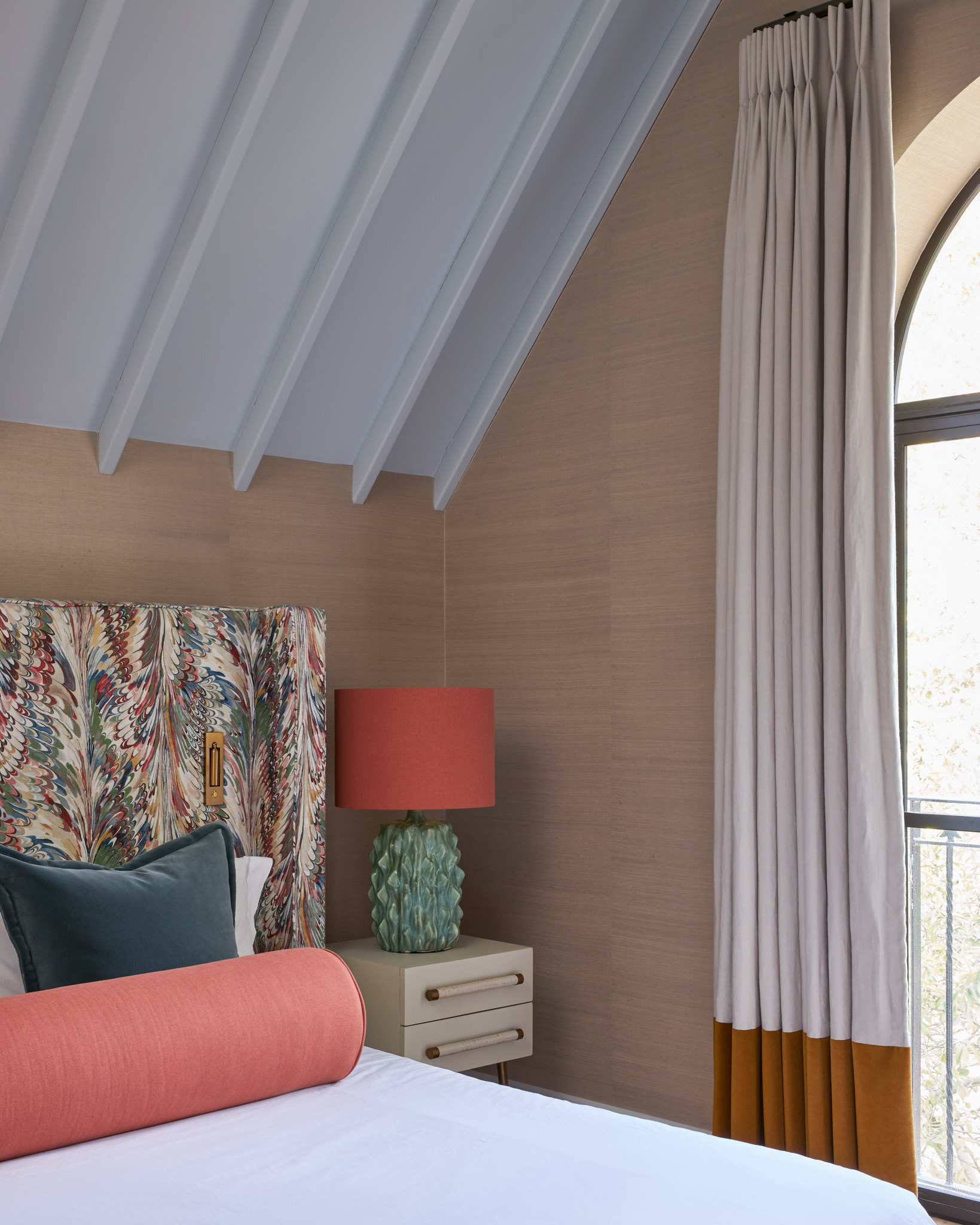 marble fabric headboard colourful bedroom