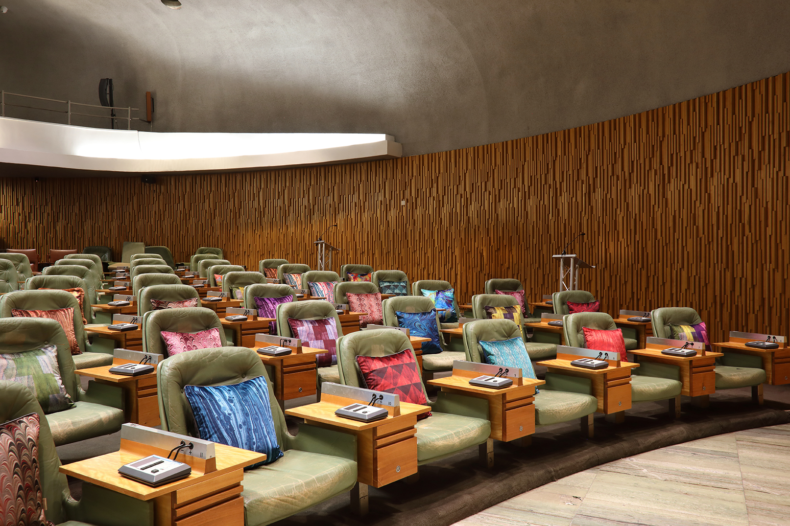Circular council chamber at Newcastle Civic Centre with Susi Bellamy's cushions on every seat.