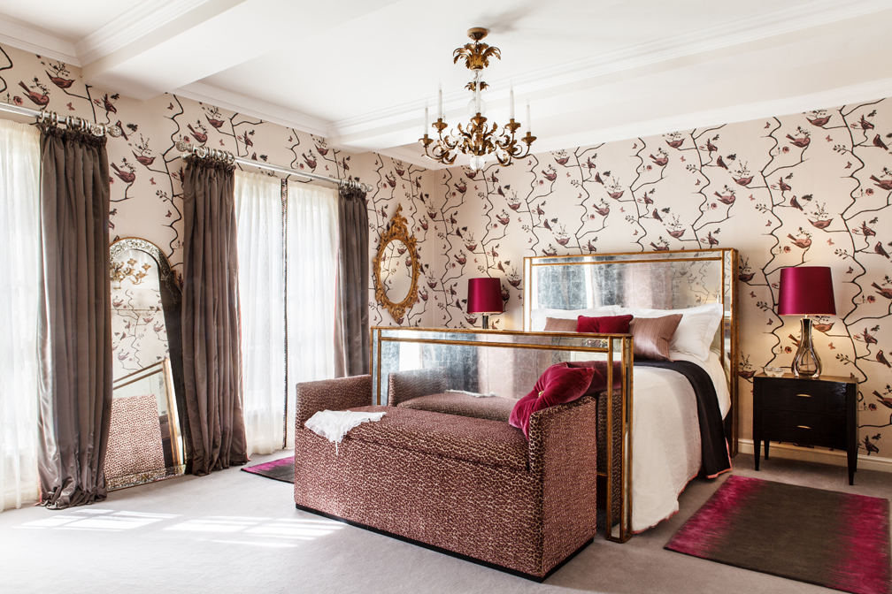 A guest suite for girls in pinks, raspberry, charcoal and verre eglomisé with silks, silver gilt, glass, velvets and bespoke wool carpet
