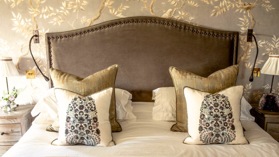 Headboard design, bespoke headboard , bespoke cushions, luxury interior detail, master bedroom hampshire 