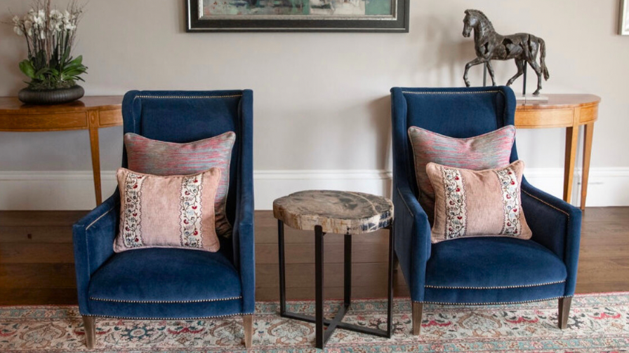 Andrew Martin Venue Chairs, armchairs, blue velvet armchairs, upholstery, made to order upholstery, cushions, Zoffany fabric 