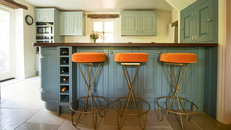 Orange bar stools, kitchens of hungerford , bespoke kitchen design, farrow & ball oval room blue 