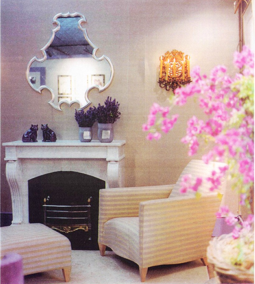 Chimney piece opposite Grand Piano and Potted Bougainvillea.