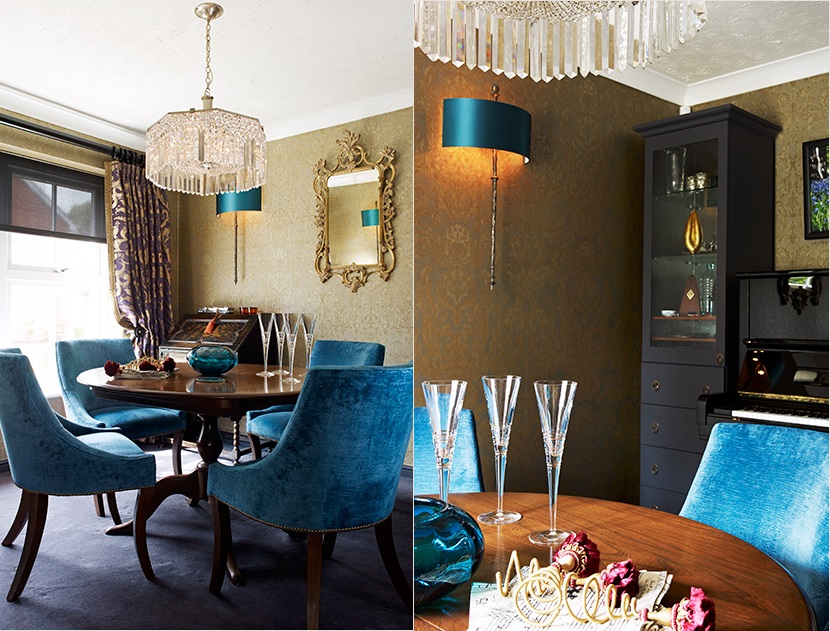 A glass 1930’s chandelier was the starting point for the Art Deco inspired curves on the wall shades, chairs and glass, with peacock blues  