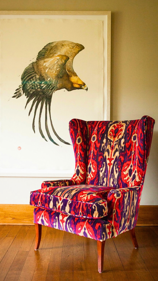 Zoffany bespoke chair, statement chair , sitting room design , hampshire interior design 