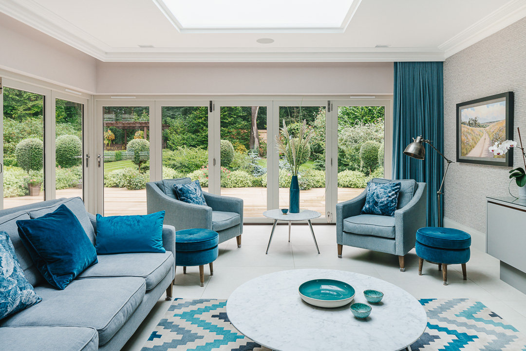 Family room seating area in sea coloured blues
