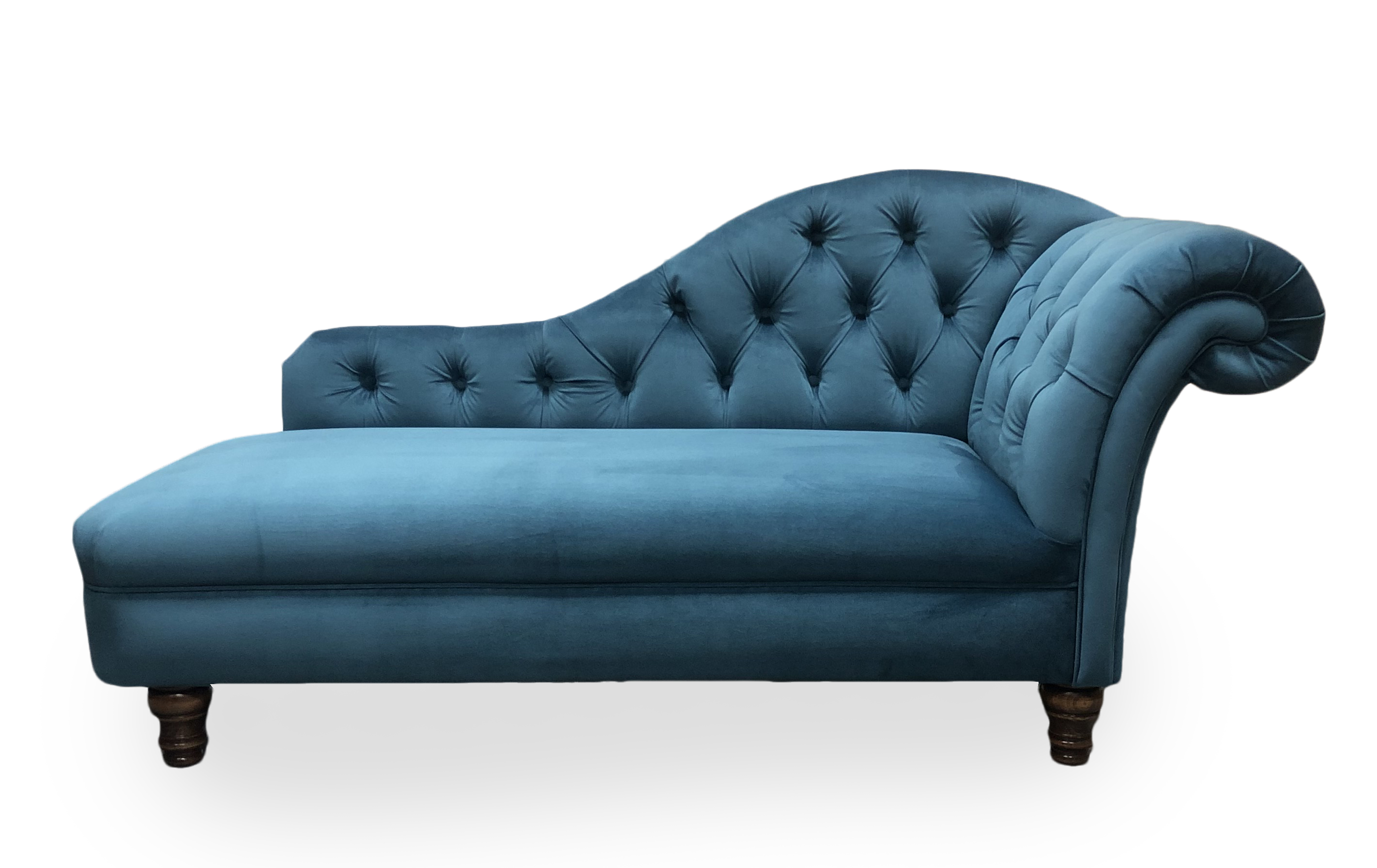 Blue velvet chaise longue with buttoned back and arm.
